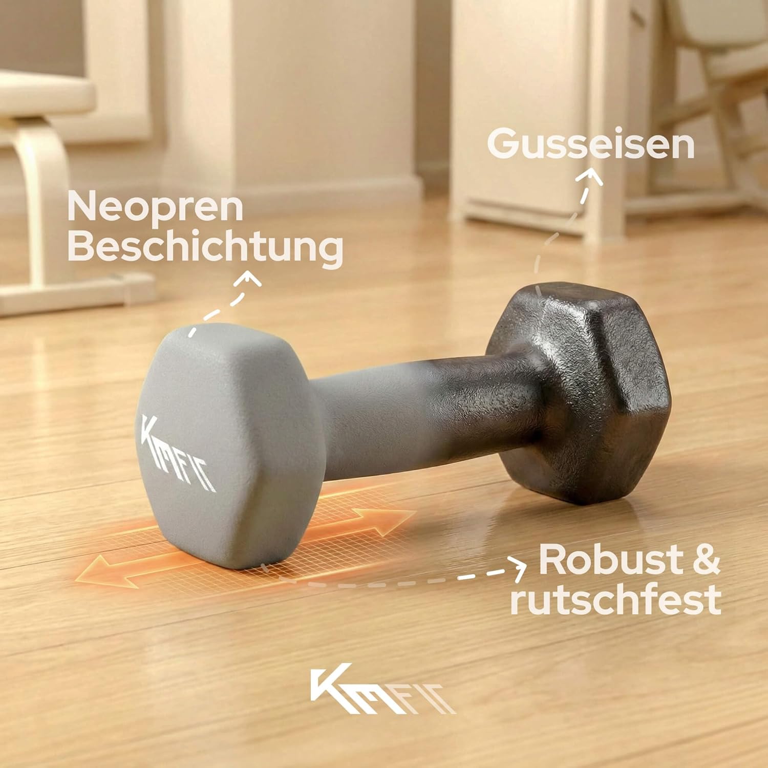 KM-Fit Hantelset 18 kg mit Ständer, Neoprenhanteln 1-5 kg, Gusseisen, ergonomischer Griff, rollsicheres Fitness- & Krafttraining für das Home Gym – Bild 5