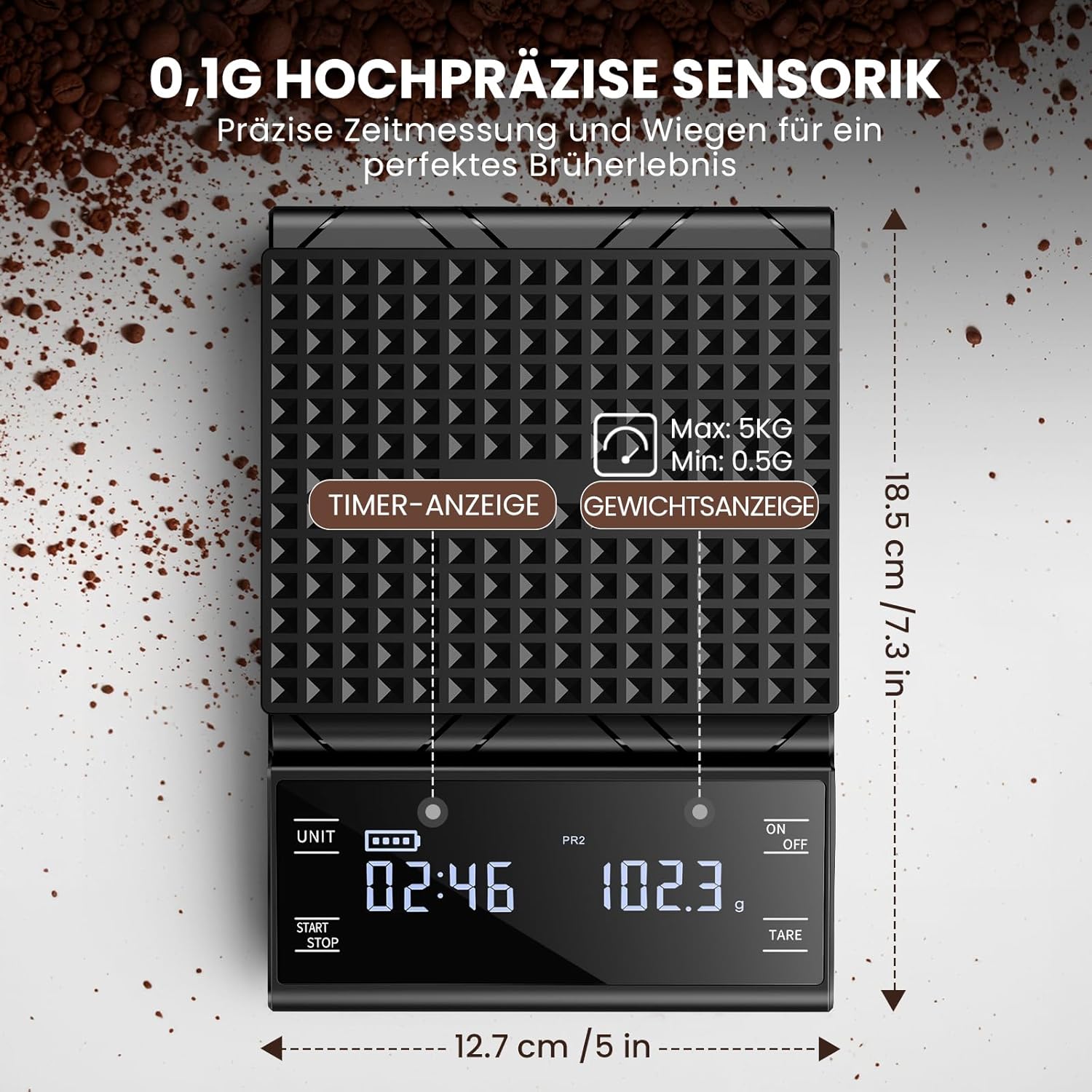 Digitale Kaffeewaage mit Timer, wiederaufladbare Espressowaage 5 kg / 0,1 g Präzisionswaage für Espresso und Übergießen, Küchenwaage digital mit Premium-LCD-Display automatisch für Schmuck – Bild 2
