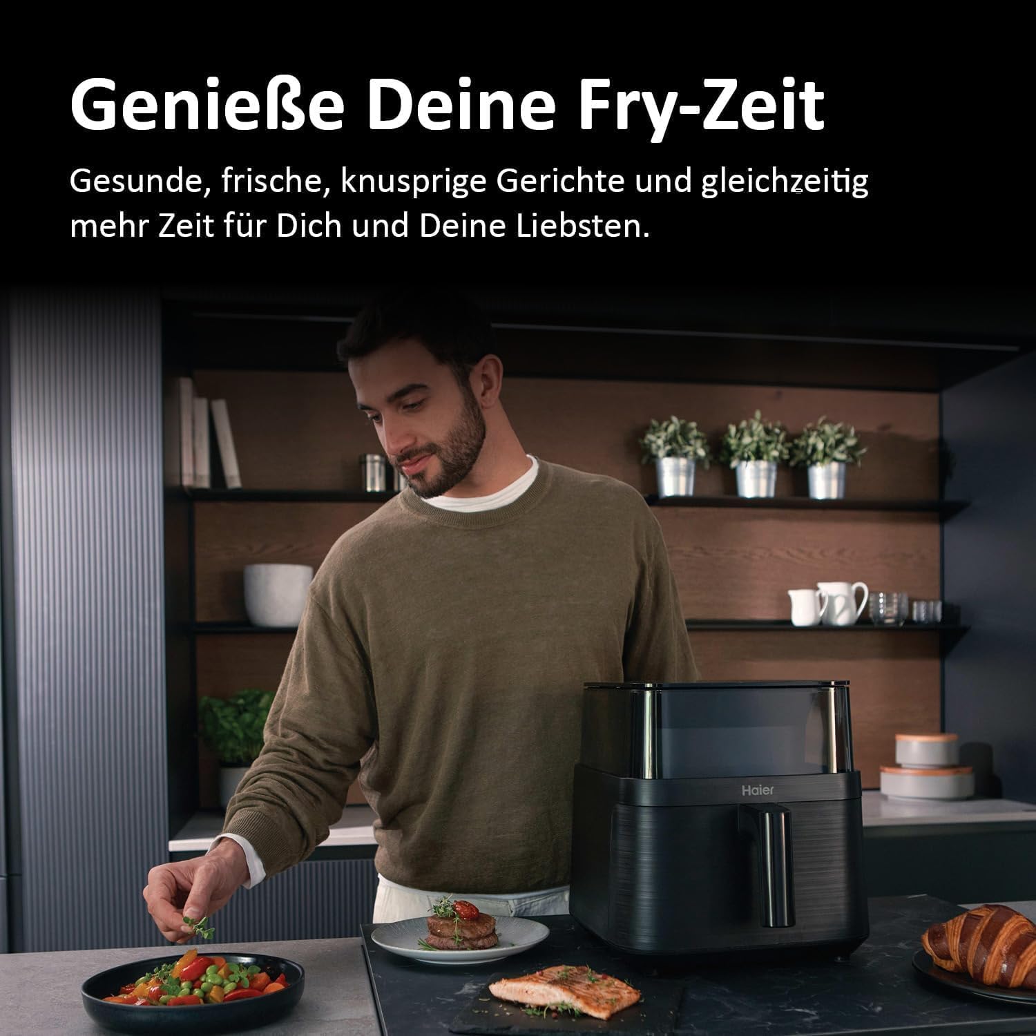 Haier Heißluftfritteuse 7 L mit 360°-Glassichtfenster für 6 Portionen I 8 Funktionen: Frittieren, Grillen, Braten, Backen, Dörren, Auftauen I Spülmaschinenfest – Bild 5