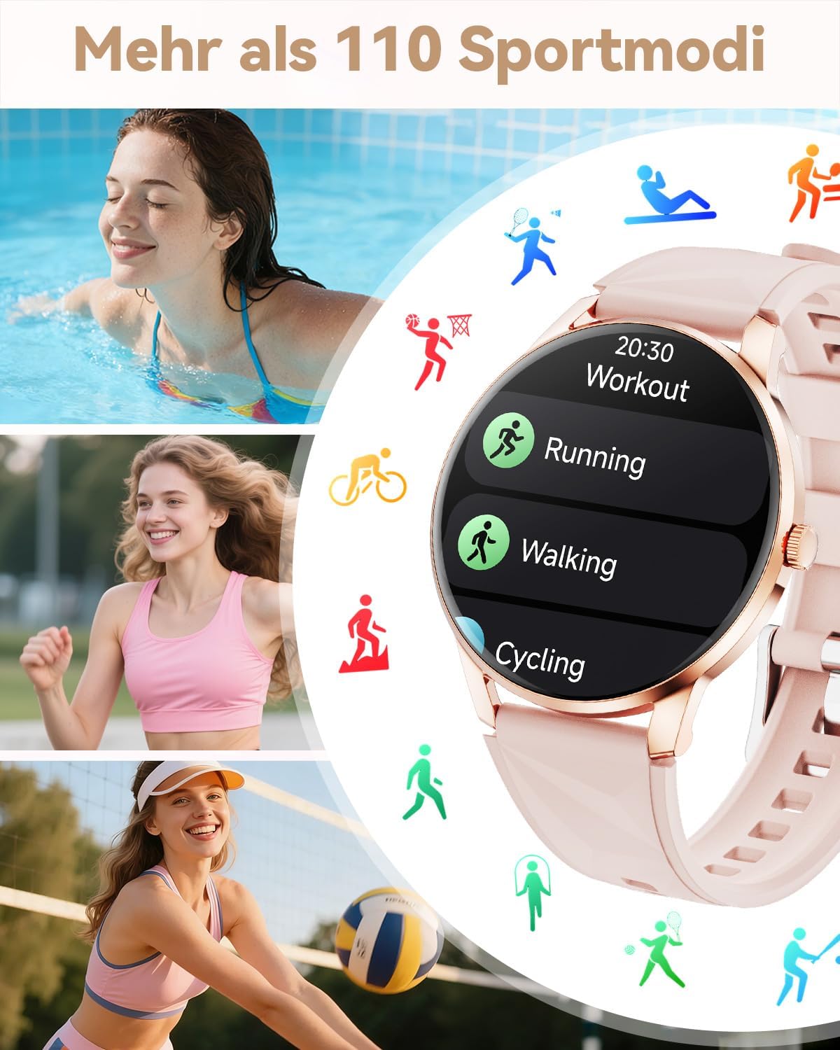 Damen Smartwatch mit Telefonfunktion, 1,32 Zoll AMOLED Display Smartwatch, Fitnessuhr mit Herzfrequenzmesser, SpO2, Schlafmonitor, Schrittzähler, 110+ Sportmodi, Sportuhr für iOS – Bild 5