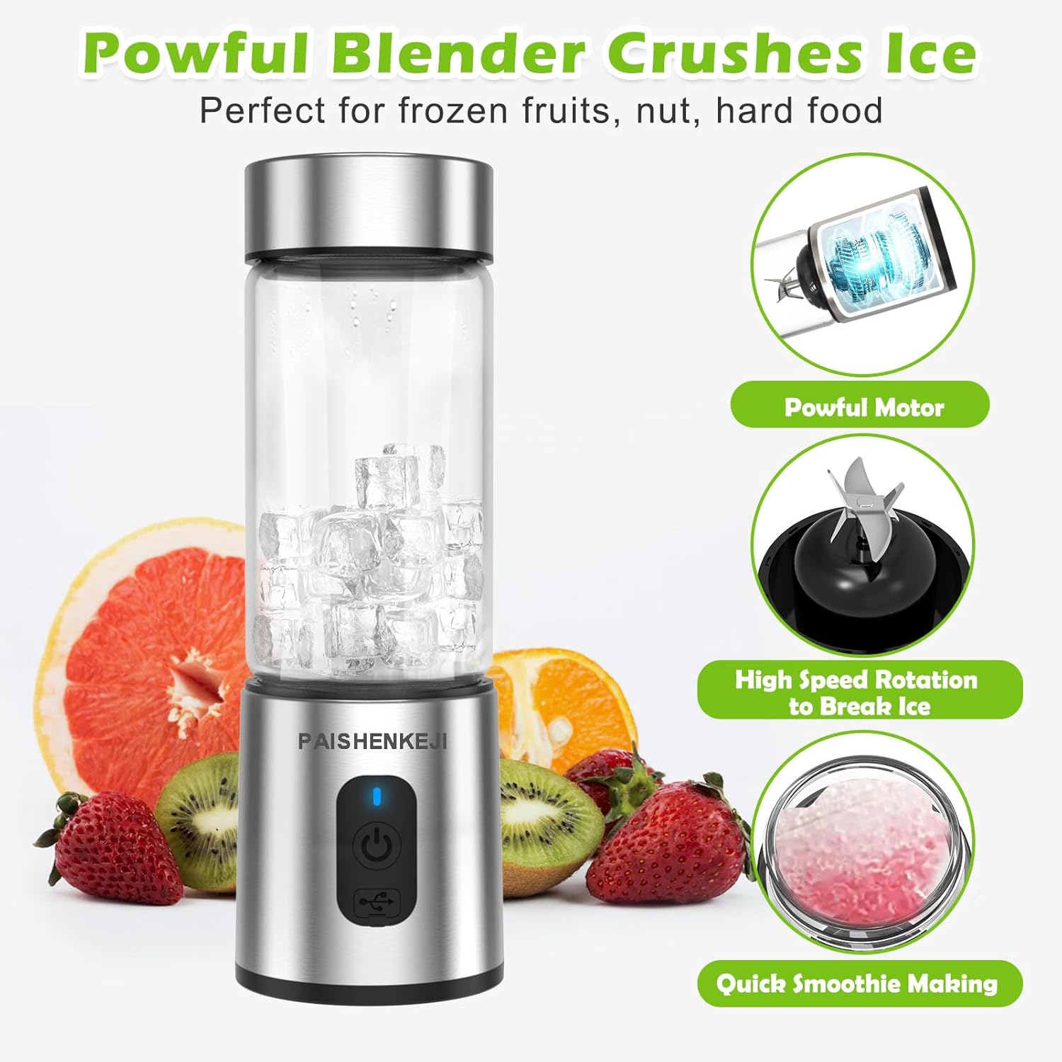 Glas-Smoothie-Maker Mini-Mixer – Standmixer, tragbarer Mini-Mixer, 400 ml Smoothie-Maker für unterwegs, persönlicher USB-Smoothie-Mixer zum Zerkleinern von Eis und gefrorenen Früchten – Bild 3