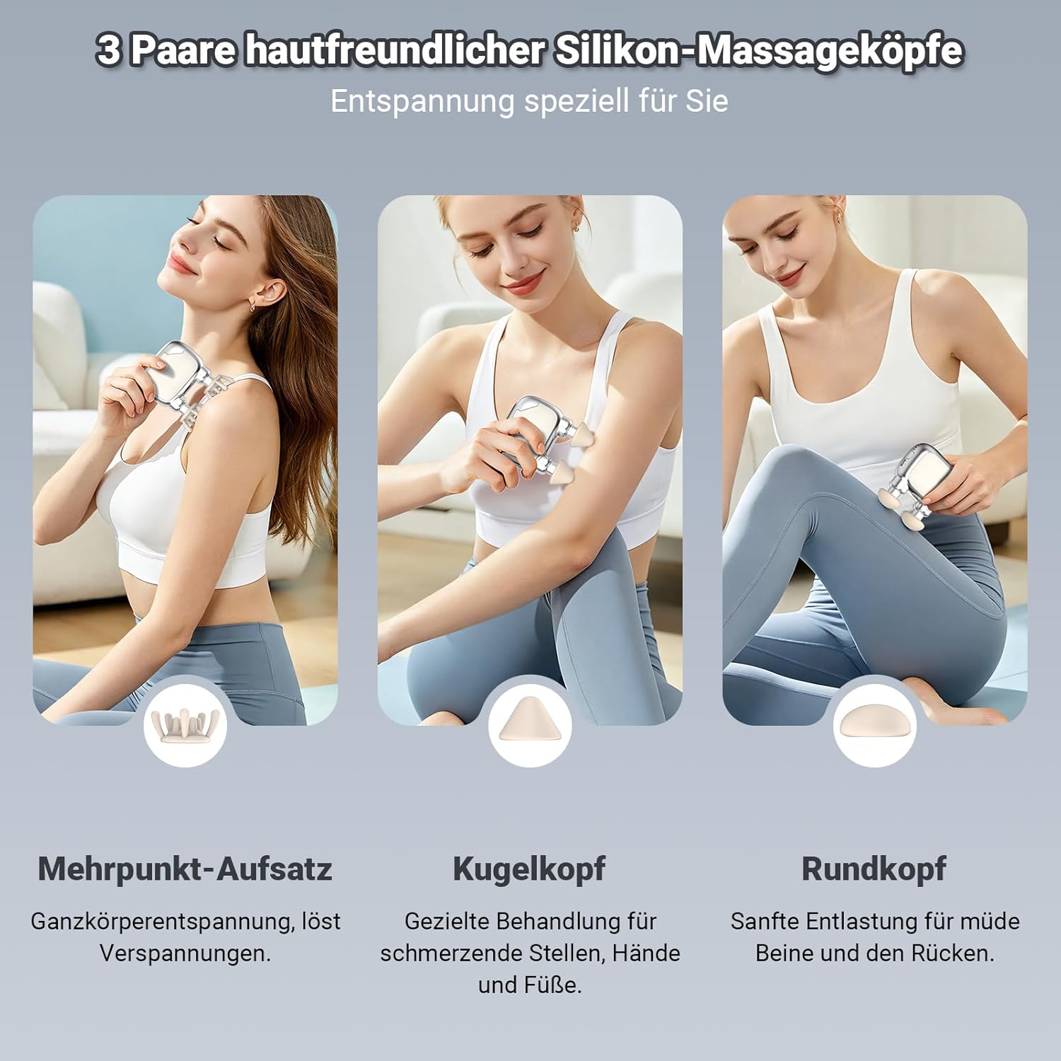 Massagepistole Mini Dual Head – Tragbares Nackenmassagegerät mit 9 mm Tiefengewebemassage, 3 Silikonaufsätzen, 3 Intensitätsstufen, Leise Mini Massage Gun (Silber) – Bild 5