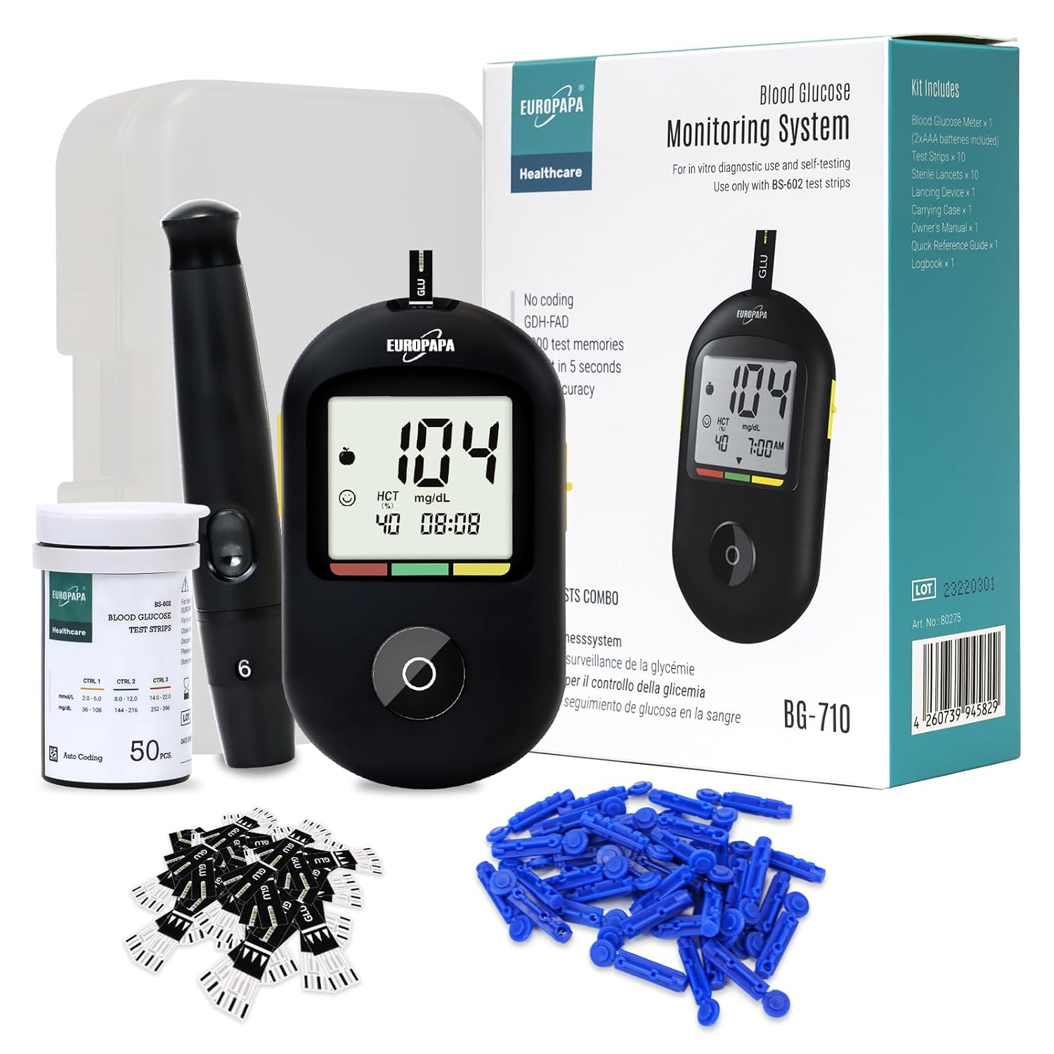 EUROPAPA Blutzuckermessgerät mit Blutzucker-Teststreifen, Blutlanzetten und Stechhilfe, Blutzucker-Messsystem Diabetes-Set mg/dL zur Blutzucker-Selbstkontrolle, 50 Stück Lanzetten- & BZ-Streifen (schwarz)