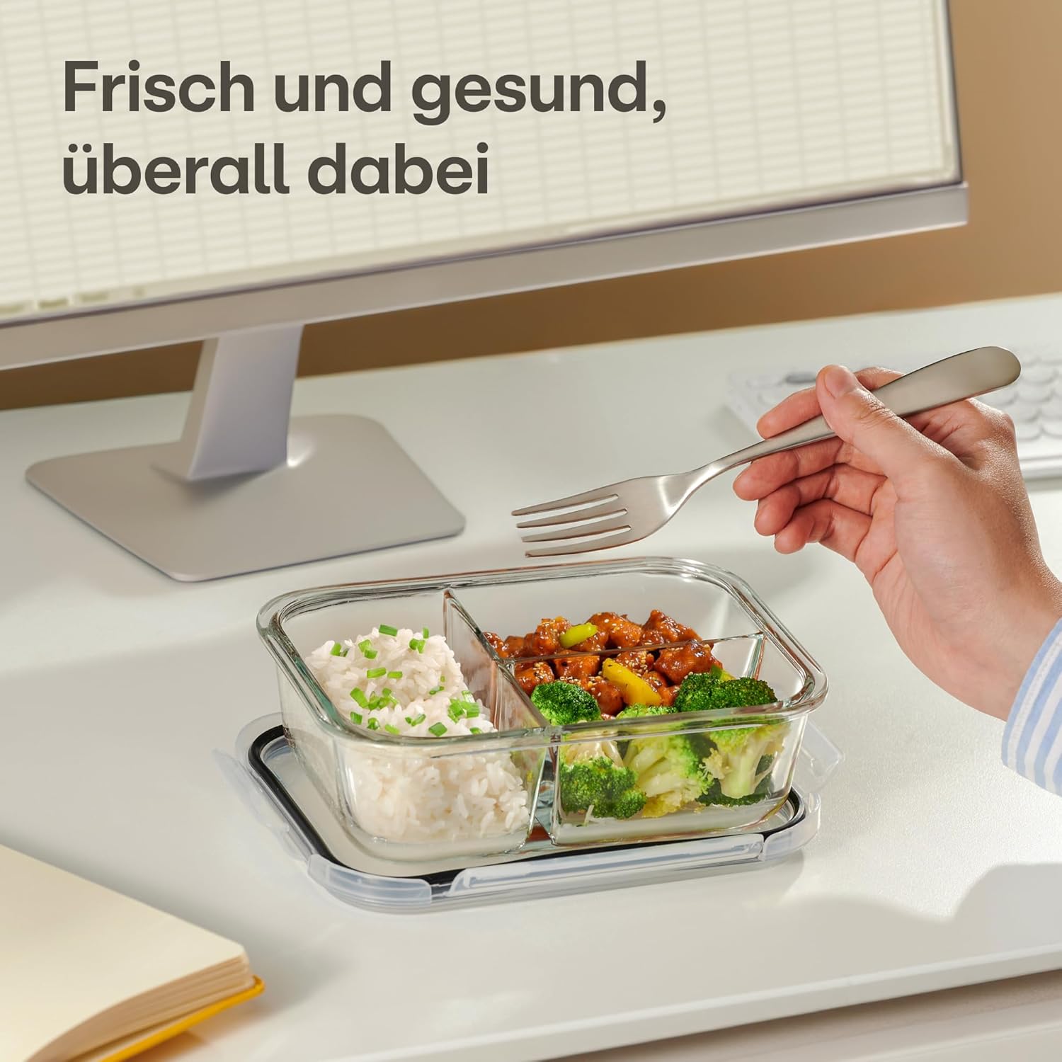 Praknu Meal-Prep-Boxen aus Glas mit 3 Fächern – Set mit 2 Meal-Prep-Behältern 1 l – luftdichter Glasbehälter mit Deckel – geeignet für Spülmaschine, Mikrowelle und Backofen – Meal-Prep-Boxen – Frischhaltedosen aus Glas – Bild 7