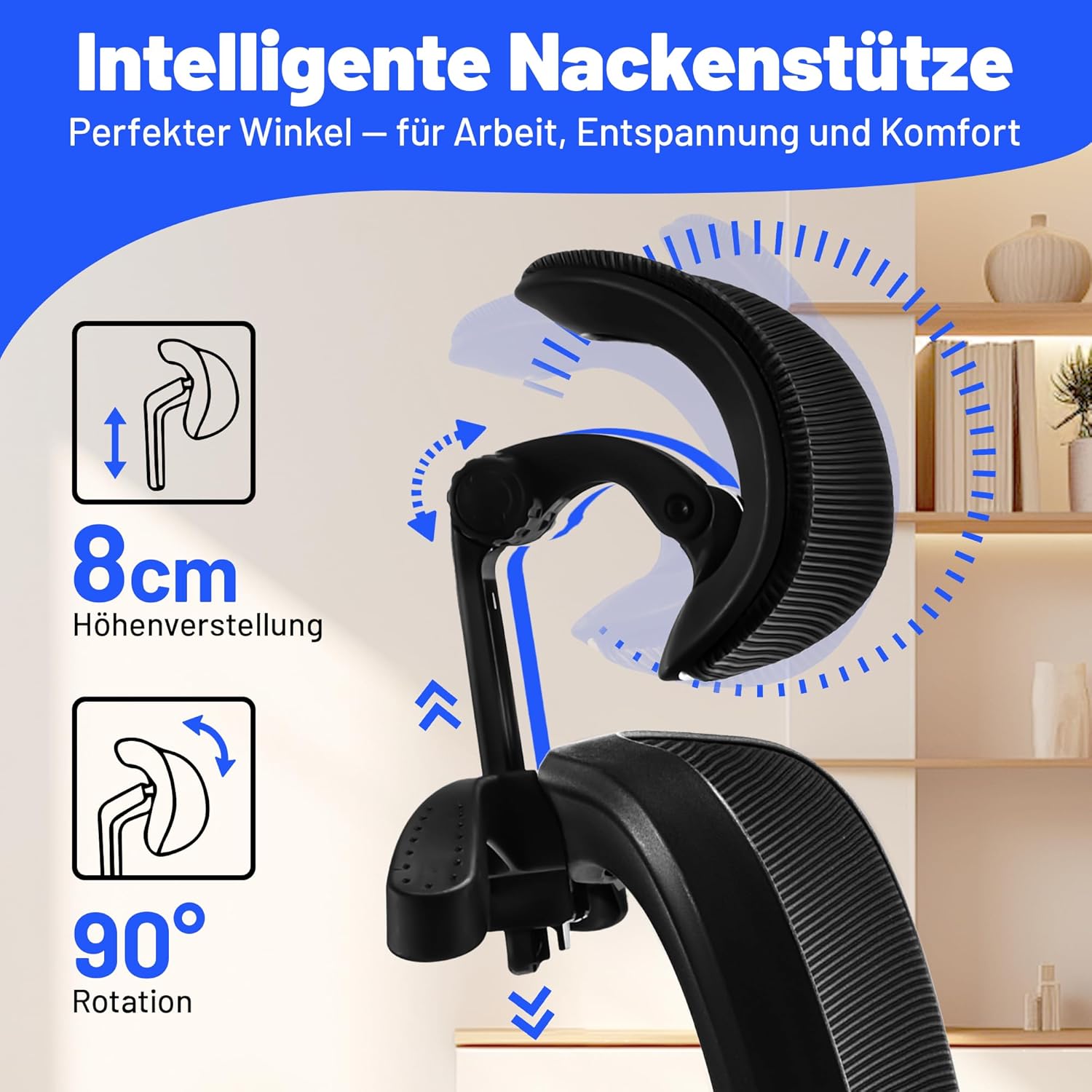 Ergonomischer Bürostuhl mit Kopfstütze, verstellbarer Lordosenstütze & Netzbezug, höhenverstellbarer Drehstuhl bis 150 kg, Computerstuhl ideal für Büro und Home Office, Schwarz – Bild 3