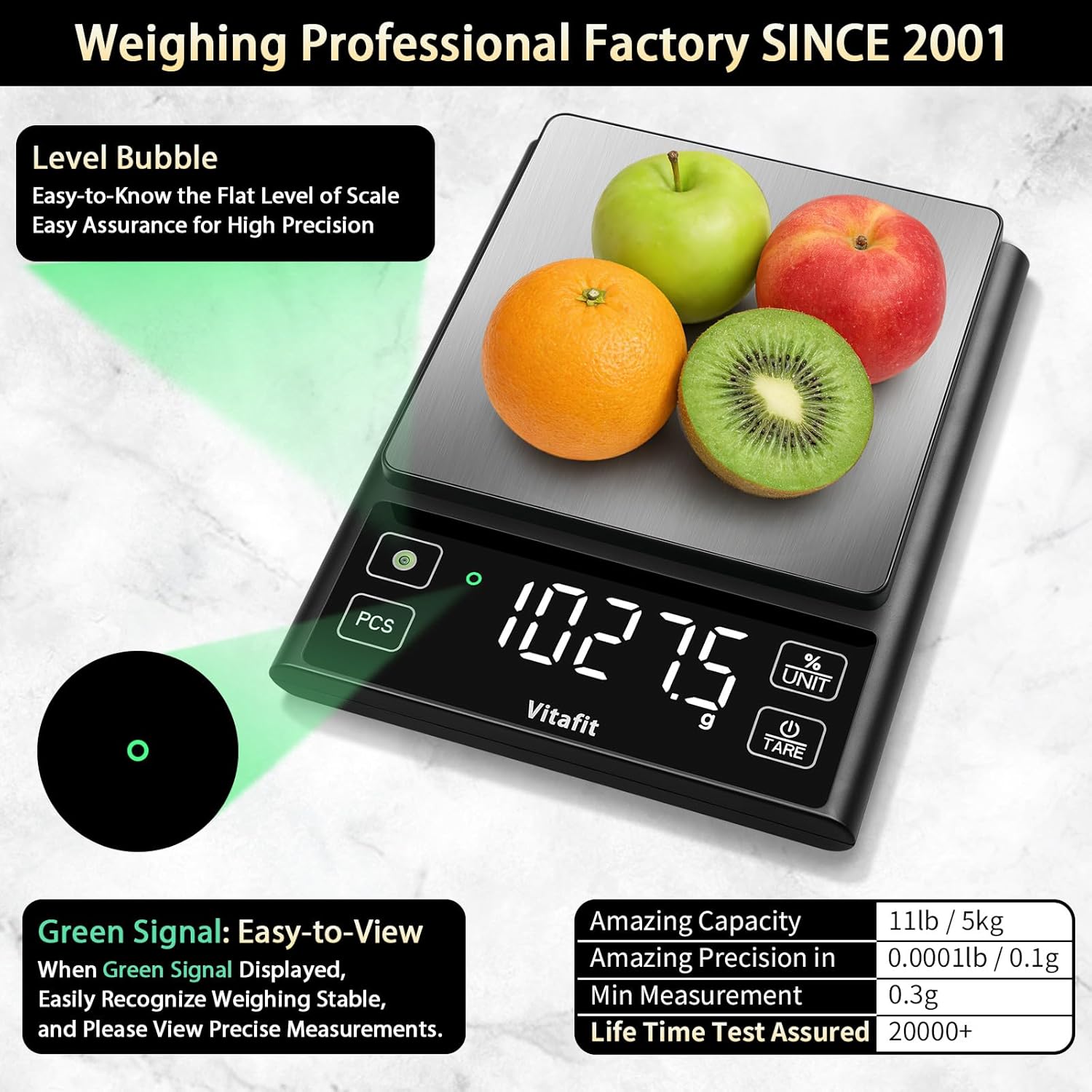 Vitafit 5kg Küchenwaage Digital, Hohe Genauigkeit 0,1g durch Unser Professionelle Fabrik Seit 2001, Waage Küche mit Prozentfunktion für Kochen/Backen/Kaffee, Edelstahlplattform, Großes LED, Schwarz – Bild 2