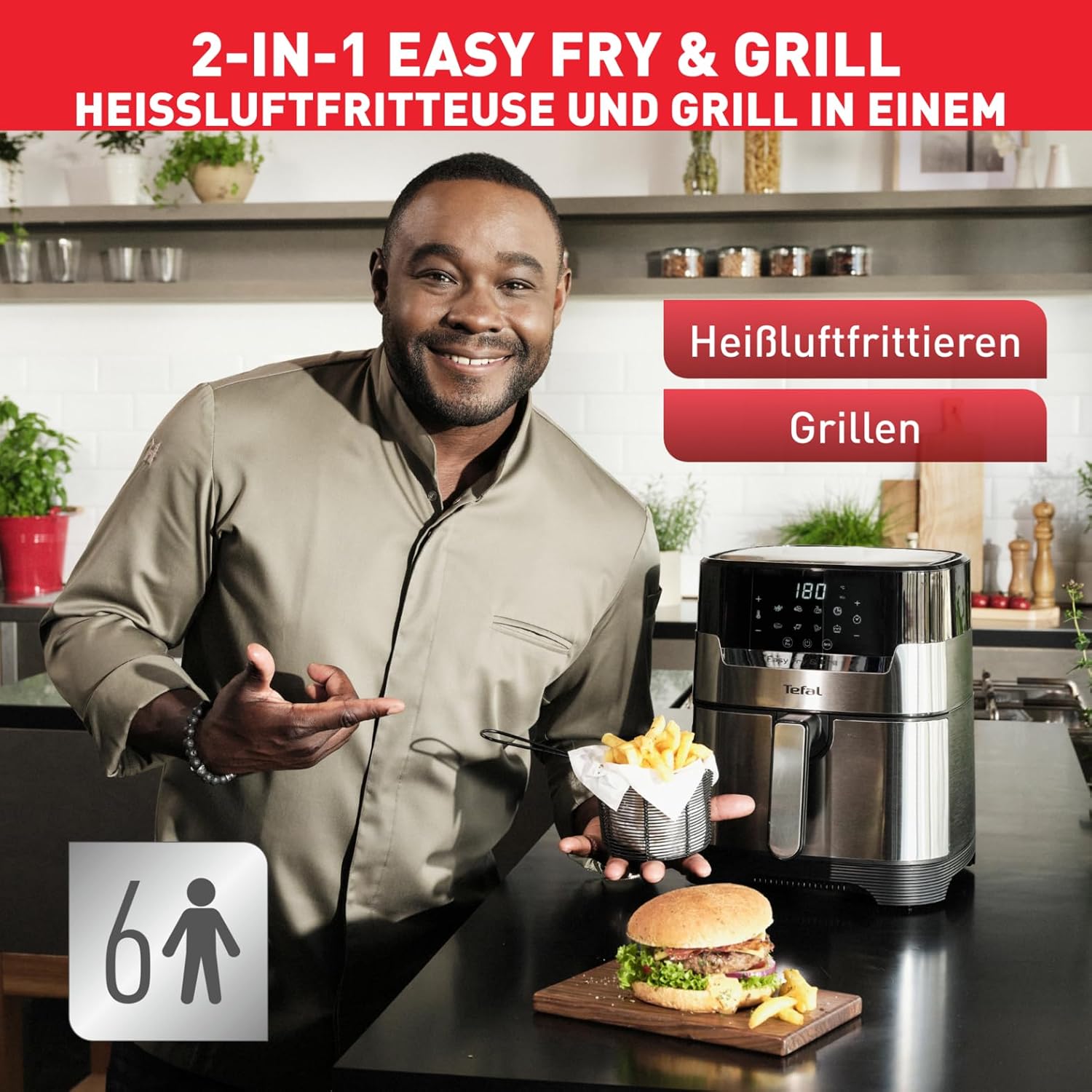 Tefal Easy Fry & Grill Heißluftfritteuse, 2-in-1-Technologie, Heißluftfritteuse und Grill, digitales Display, 4,6 Liter für 6 Portionen, 8 Kochprogramme, energiesparend, kein Öl, Edelstahl, XL-Volumen, EY505D – Bild 3