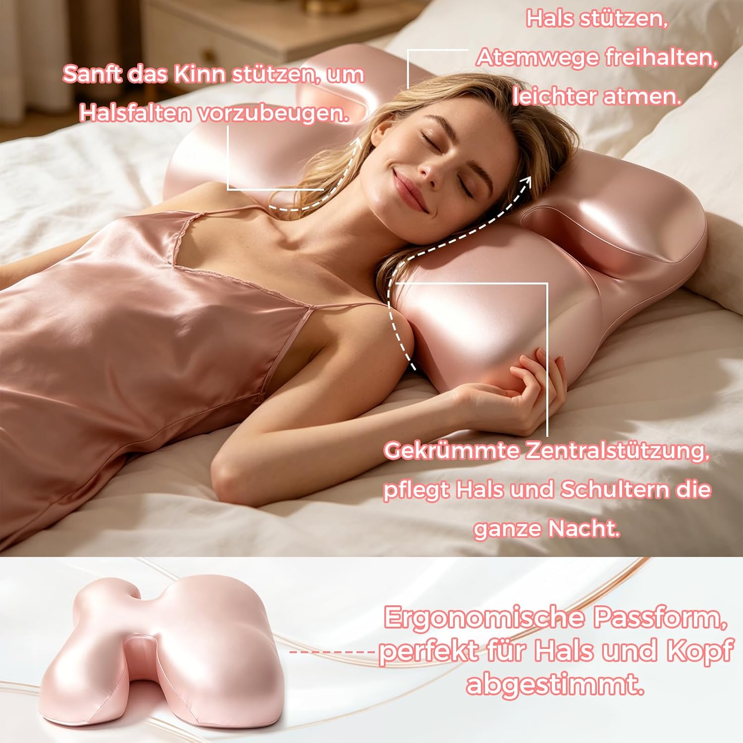 Seitenschläferkissen Anti-Falten, H-Form Schmetterlingskissen mit Bezug, Ergonomisches Memory Foam Nackenstützkissen Orthopädisch, Kopfkissen gegen Faltenbildung im Gesicht & Antitischnarch, Rosa – Bild 4
