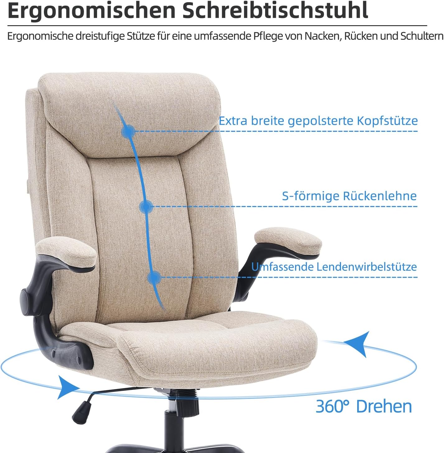 MZLEE Ergonomischer Bürostuhl, Computerstuhl, Schreibtischstuhl, drehbarer Arbeitsstuhl mit hochklappbarer Armlehne, höhenverstellbar, bequem für Büro, Zuhause, Gaming (beiger Stoff) – Bild 5