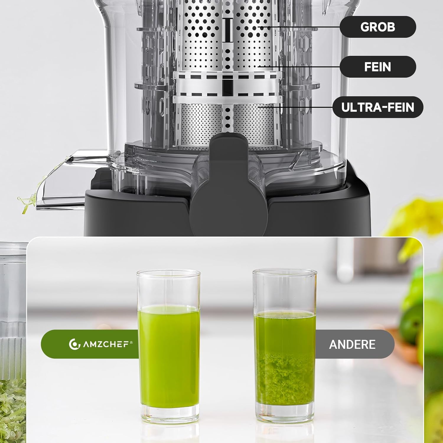 AMZCHEF Juicer Slow Juicer 136 mm – Elektrischer Entsafter für Gemüse & Obst – Kaltpress-Entsafter mit 2 Filtern – Leise und leicht zu reinigen – Silber – Bild 6