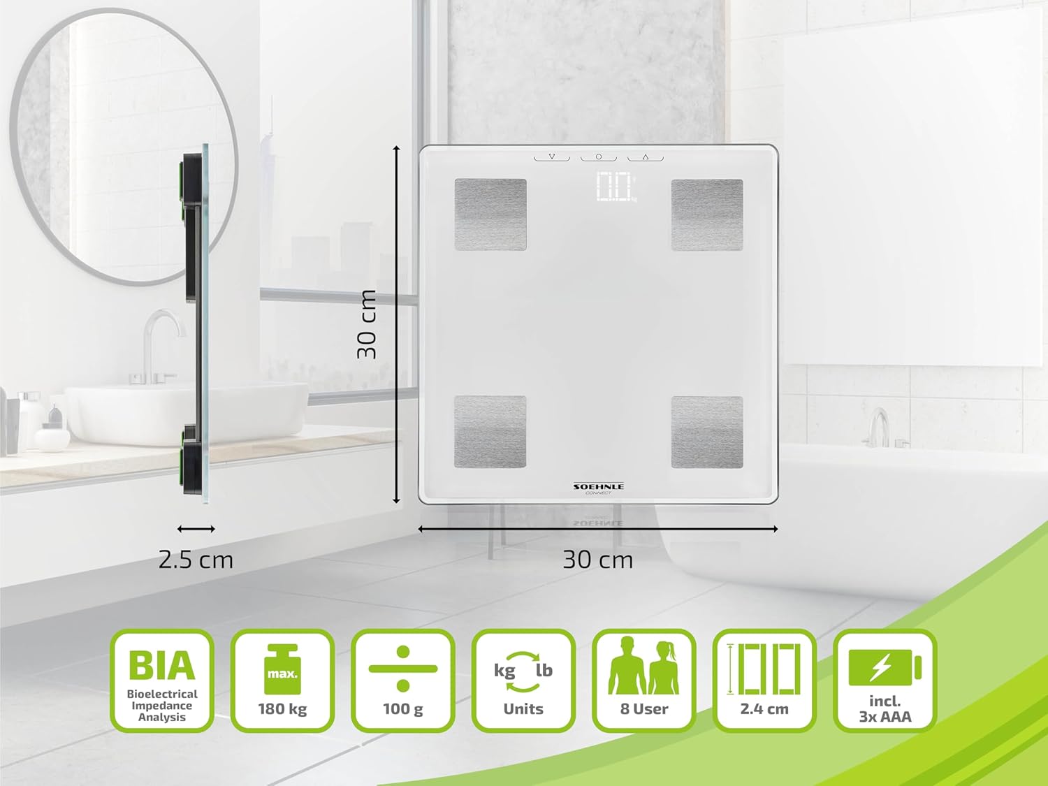 Soehnle Shape Sense Connect Lite Körperanalysewaage mit App-Anbindung, Körperanalyse Gewicht, Fett-, Wasser- und Muskelanteil, Körperfettwaage mit LED-Anzeige, weiß – Bild 6