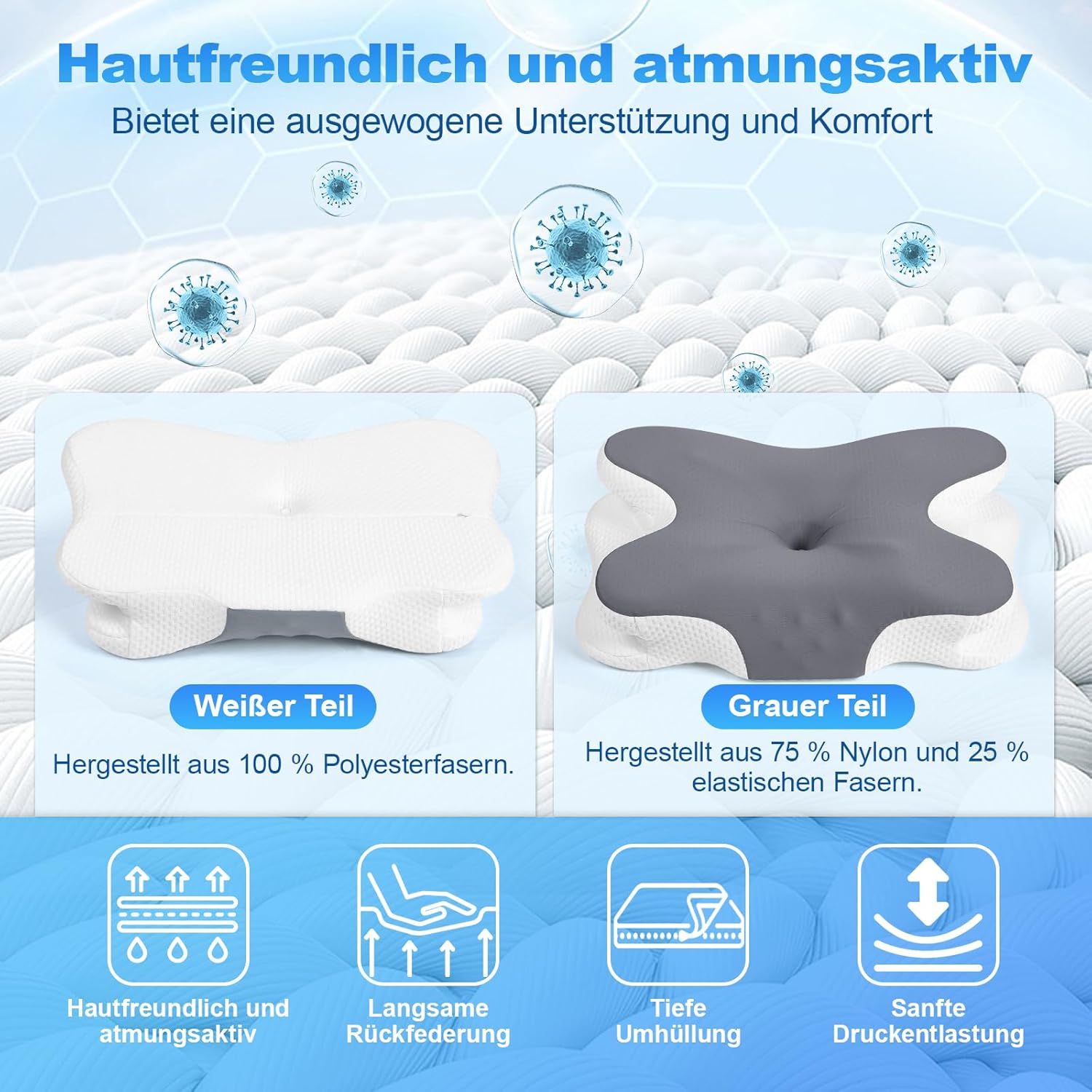 Nackenkissen – Orthopädisches Memory-Schaum-Kissen – ergonomisches Kissen gegen Nackenschmerzen für Seitenschläfer, Rückenschläfer und Bauchschläfer mit Bezug aus Eisseide (dunkelgrau) – Bild 7