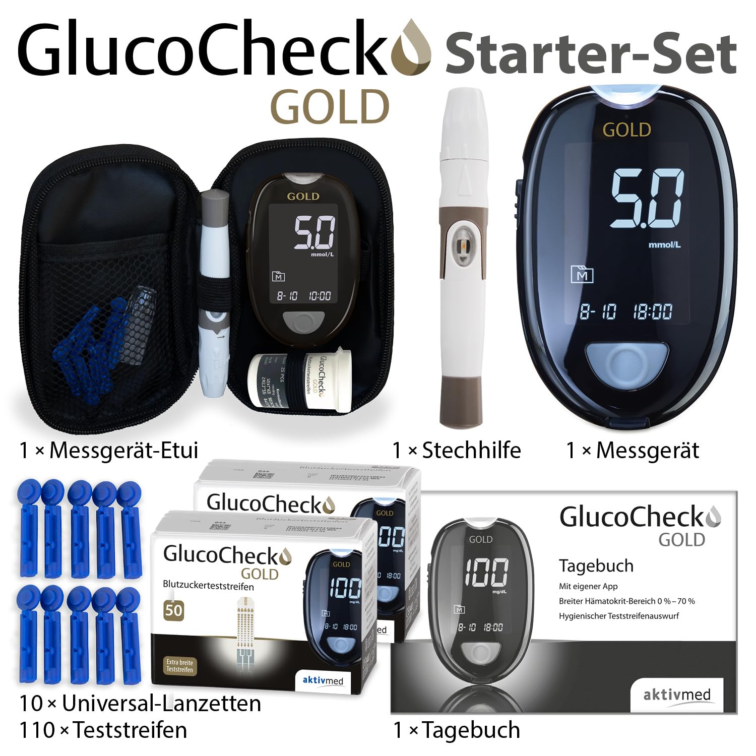 GlucoCheck Gold Blutzuckermessgerät-Set (mmol/L) + 110 Blutzucker-Teststreifen, 10 Lanzetten, 1 Stechhilfe, 1 Etui, Maxi-Sparset zur Blutzucker-Selbstkontrolle – Bild 2