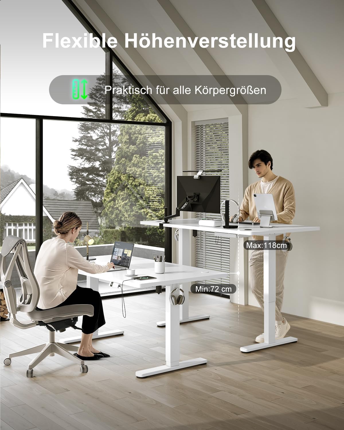 Devoko Höhenverstellbarer Schreibtisch 160 x 80 cm mit Typ-C-Ladeanschluss, mobiler elektrischer Computertisch mit Kabelmanagement-Ablage und 3-Funktions-Speicher, Weiß – Bild 8