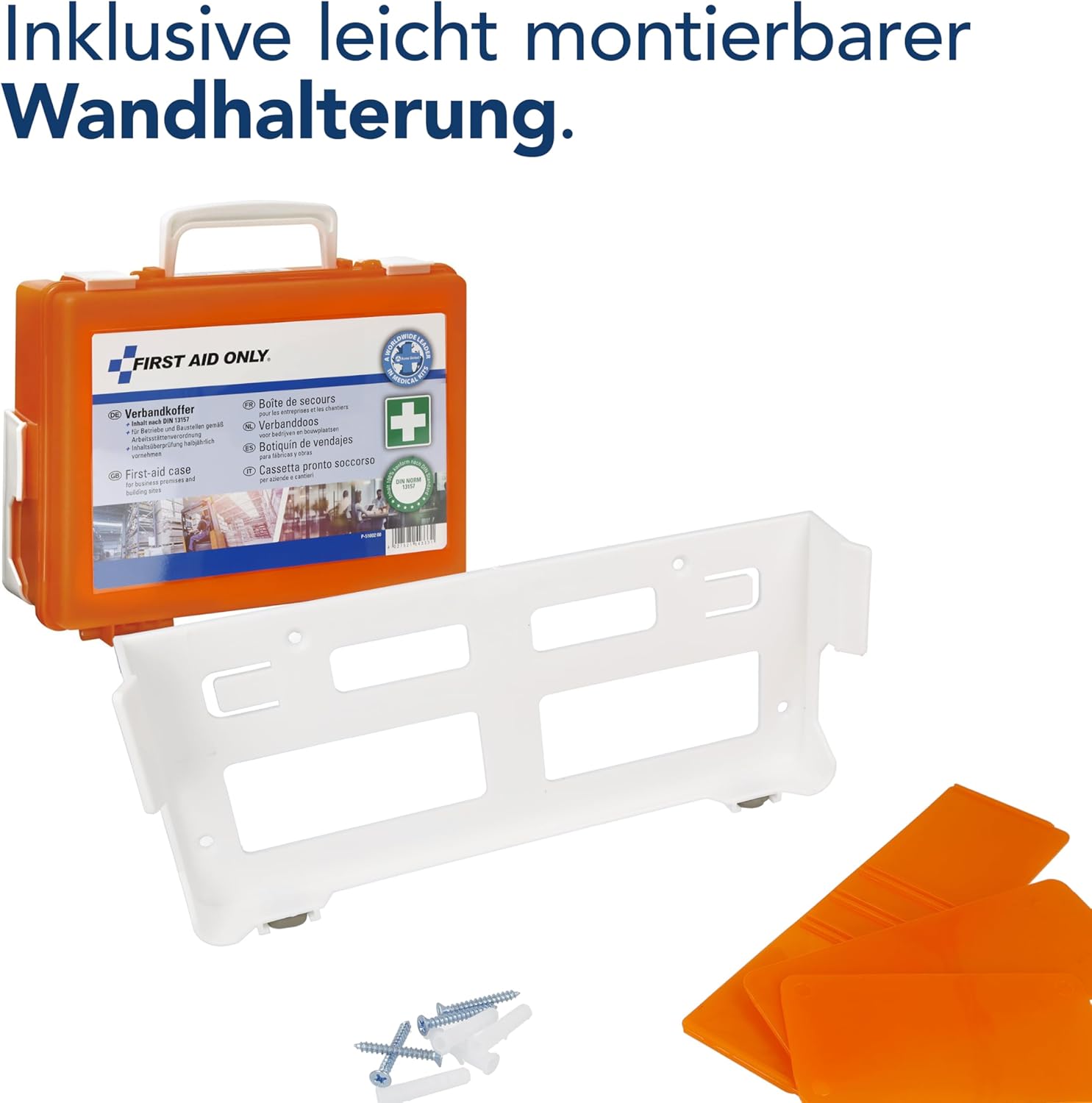 First Aid Only Erste-Hilfe-Koffer DIN 13157 mit Wandhalterung, kompakter Erste-Hilfe-Kasten für Betriebe und Haushalte, gefüllt nach DIN 13157:2021, inklusive Tragegriff und Montagematerial P-51002 00 – Bild 3