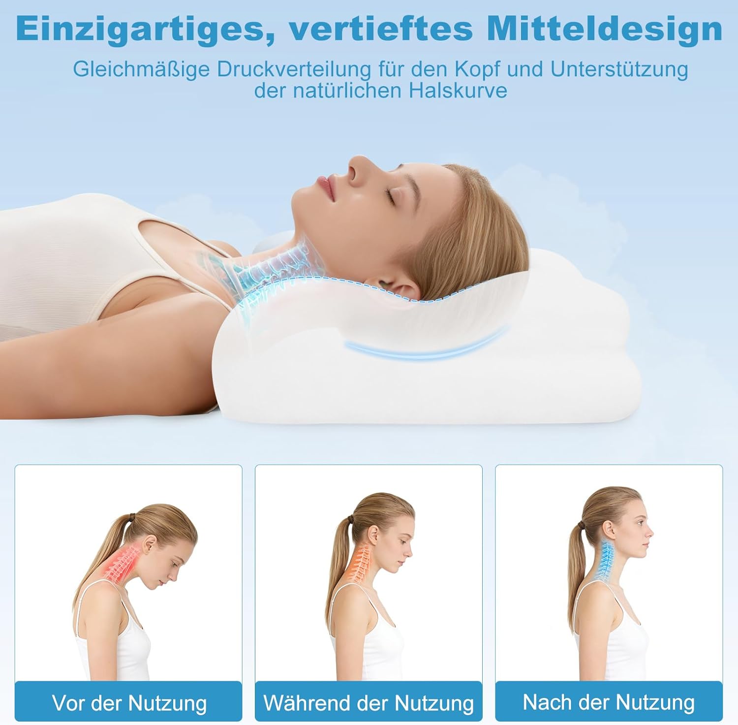 Mailirious Nackenkissen, Memory-Schaum-Kissen, ergonomisches Nackenstützkissen, lindert Nackenschmerzen, für Seiten-, Rücken- und Bauchschläfer, mit 2 abnehmbaren Kissenbezügen, 69 x 38 x 9/11 cm – Bild 4