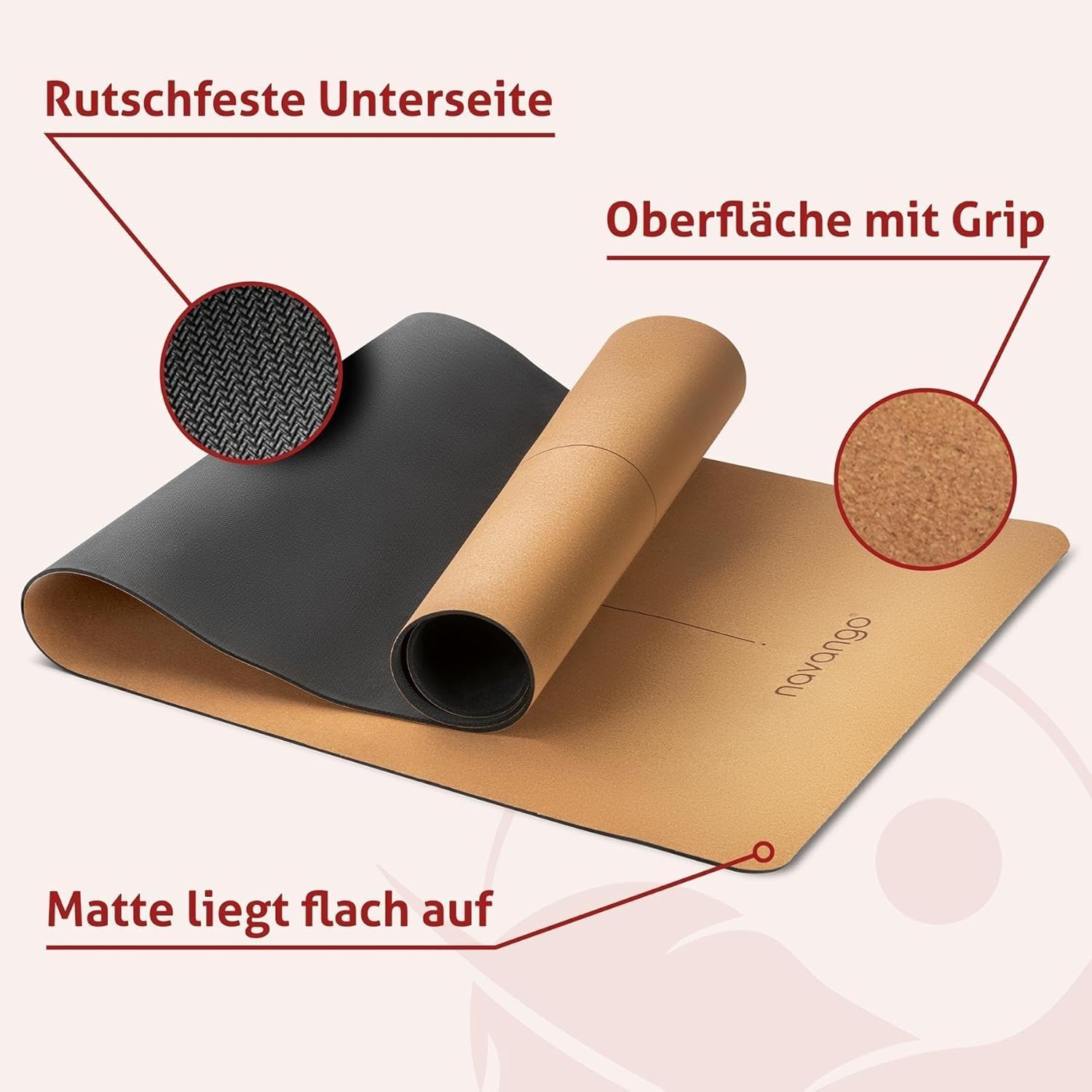 Yogamatte aus Kork | Inklusive Yogagurt | 4 mm dick | Natürliche dünne Yogamatte aus Naturkautschuk und Kork | Mit Hilfslinien | Yogamatte rutschfest und schweißfest | Yoga-Set-Tragegurt – Bild 2