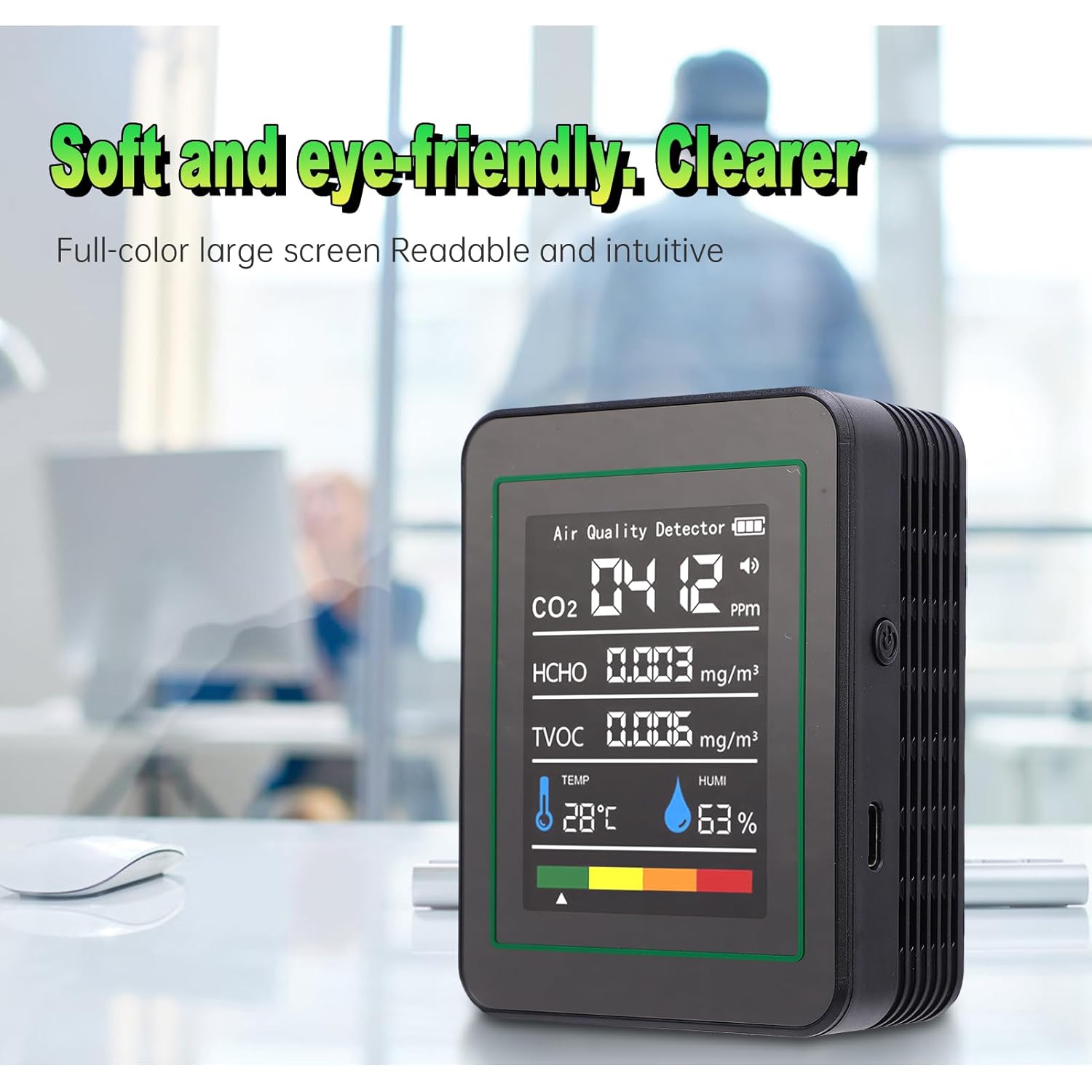 Eujgoov 3-in-1-Luftqualitätsmonitor-Detektormessgerät, CO2-Luftfeuchtigkeitstemperatur in Echtzeit, 2,8-Zoll-Farbbildschirm für das Fitnessstudio im Home Office (Schwarz) – Bild 3