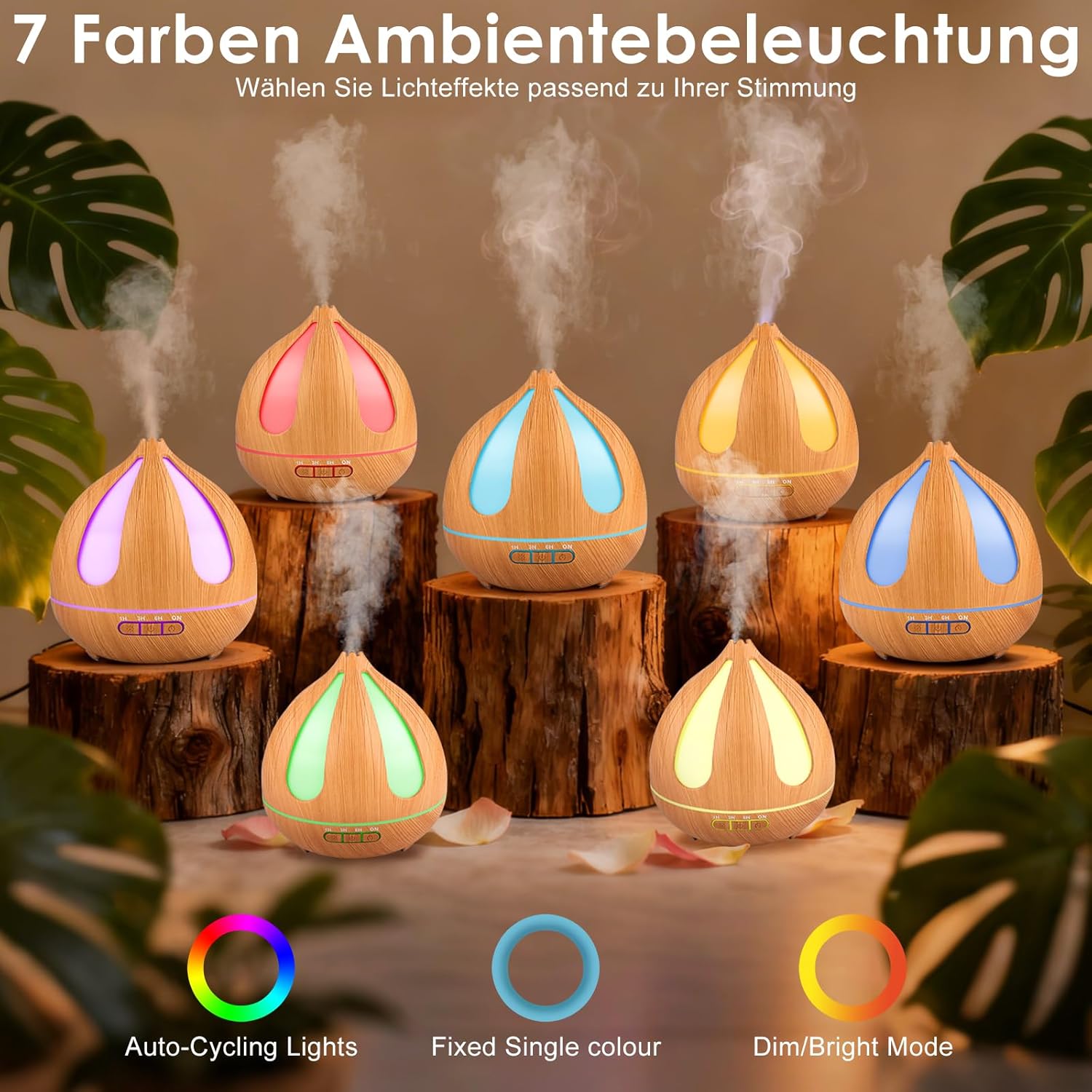 GuKKK Aromadiffusor, 500 ml Ultraschall-Luftbefeuchter mit Fernbedienung, Aromatherapie-Düfte Luftbefeuchter, 7 Farben LED, Fernbedienung mit Timer-Einstellung, für Schlafzimmer, Büro (Helle Holzfarbe) – Bild 2