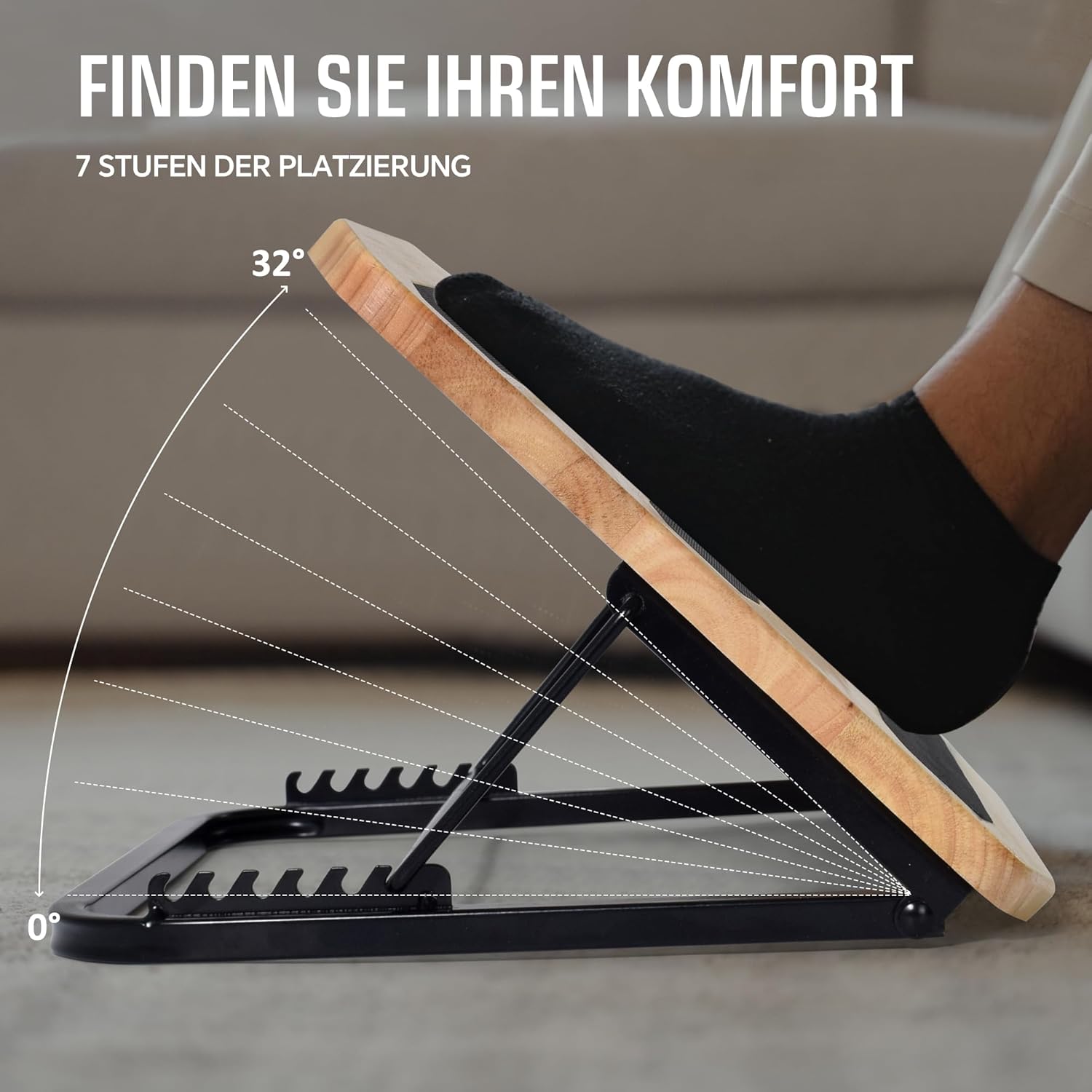 Verstellbare Fußstütze für den Schreibtisch, ergonomischer Fußhocker aus Holz, unter dem Schreibtisch, Fußhocker – 7 verstellbare Winkel, Holz-Schreibtisch-Fußstütze mit rutschfester Matte (Naturholz) – Bild 2