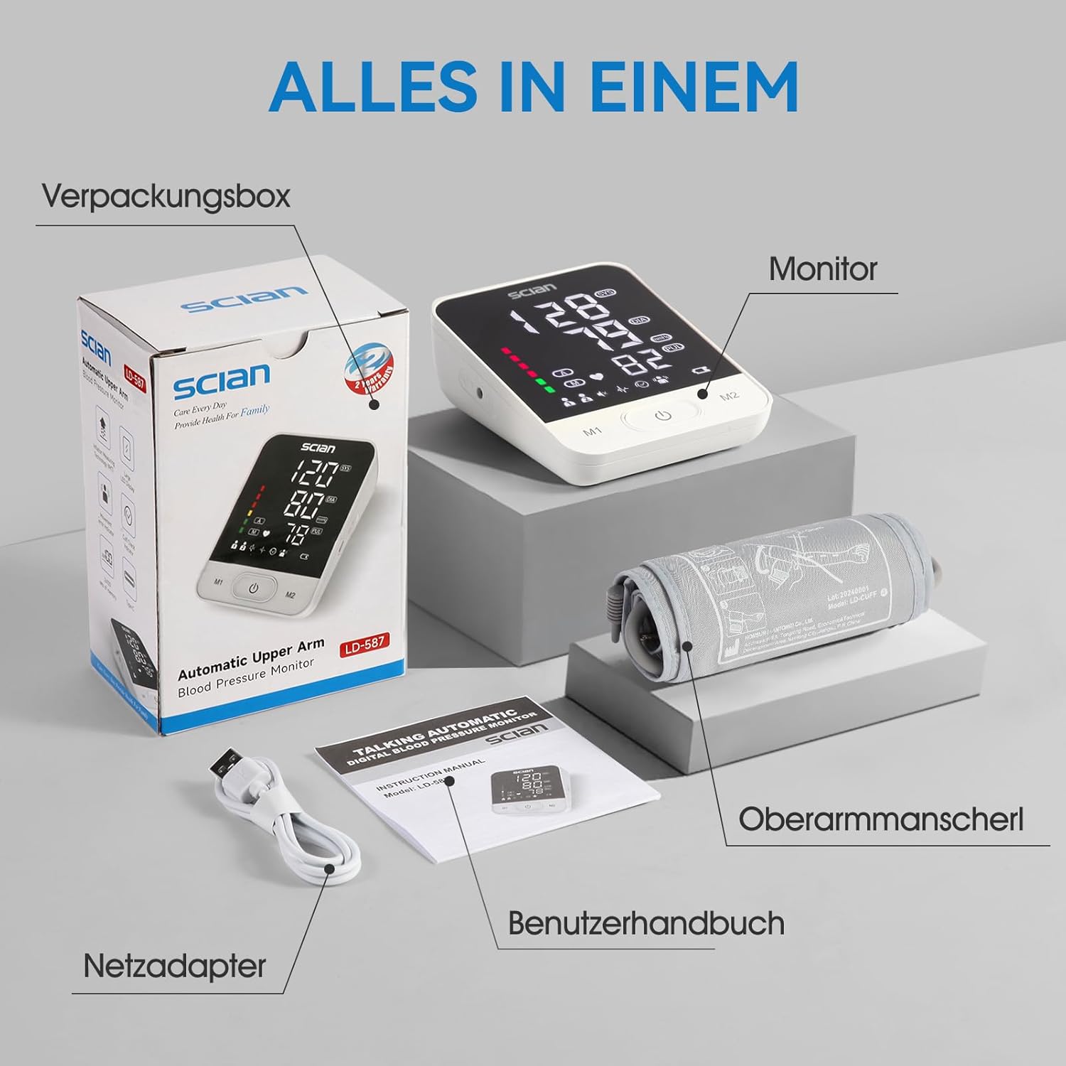 Scian Blutdruckmessgerät Oberarm für den Heimgebrauch, automatisches Blutdruckmessgerät mit Manschette 22–42 cm, Sprachübertragung, großes LED-Display, 2 Benutzer 200 Speicher, Typ-C-Kabel – Bild 7
