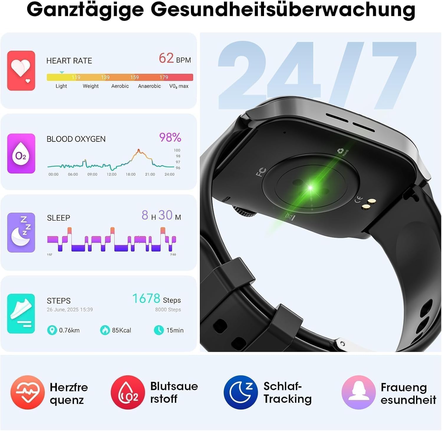 Smartwatch Herren Damen 1,91 Zoll HD Curve Display Smartwatch mit Bluetooth-Anrufen, 100+ Sportmodi, Fitnessuhr mit Herzfrequenz-/Schlafmonitor/Schrittzähler, IP67 wasserdichte Sportuhr für Android iOS – Bild 4