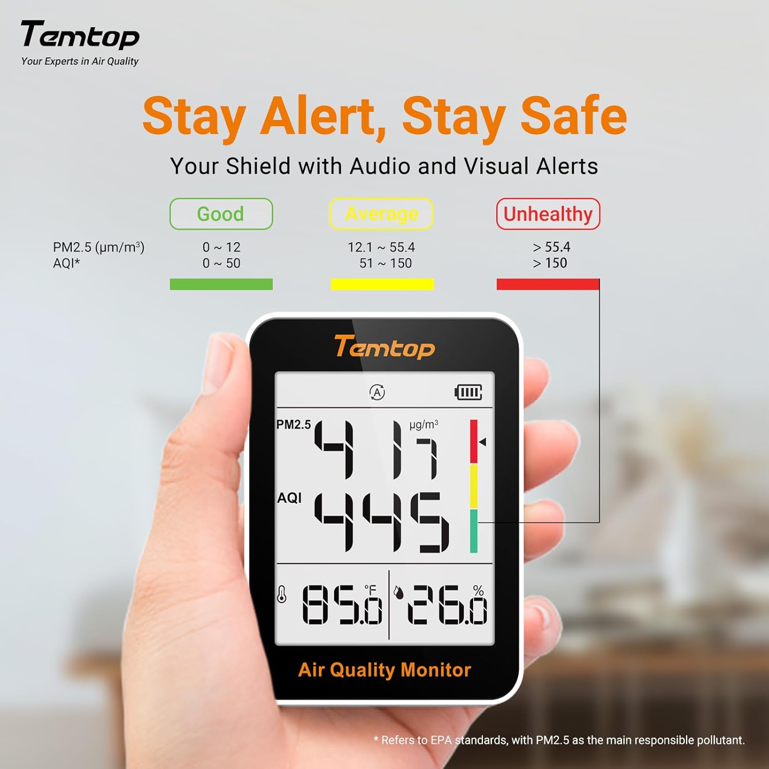 Temtop S1-UP Luftqualitätsmessgerät PM2,5, AQI, Temperatur und Luftfeuchtigkeit, extrem lange Batterielebensdauer von 100 Tagen, ideal für Zuhause und Büro – Bild 5