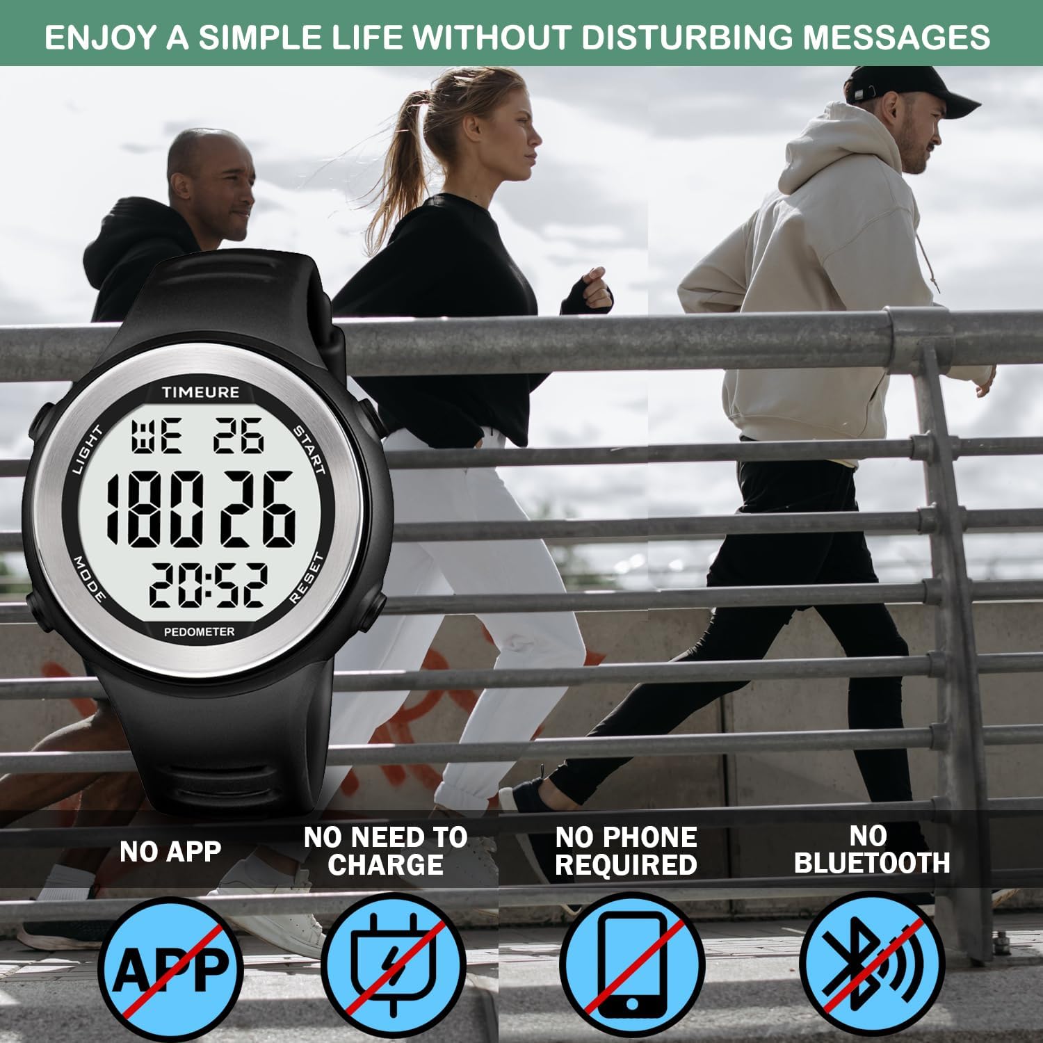 Timeur-2308 Sportliche wasserdichte Schrittzähleruhr zum Gehen, kein Aufladen, keine App-Verbindung mit EL-Hintergrundbeleuchtung, einfache, praktische Wahl für mobilfreie Fitness-Enthusiasten – Bild 3