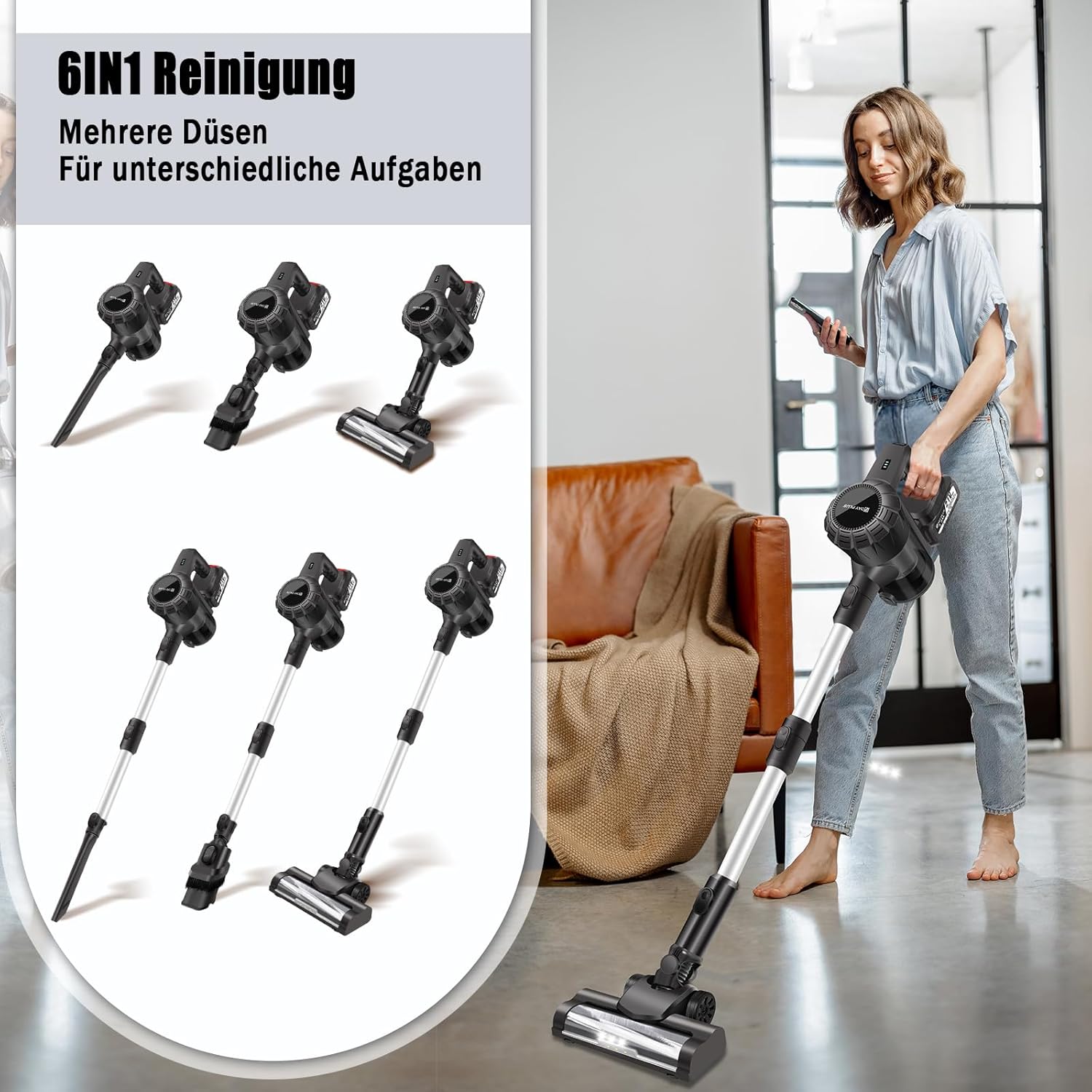 Akku-Staubsauger, 35000PA/450W/40min Staubsauger, 6-in-1-Staubsauger, Handstaubsauger mit HEPA-Filter, 3000-mAh-Akku, Ultraleichter Staubsauger kabellos für Hartböden, Teppiche, Tierhaare – Bild 2