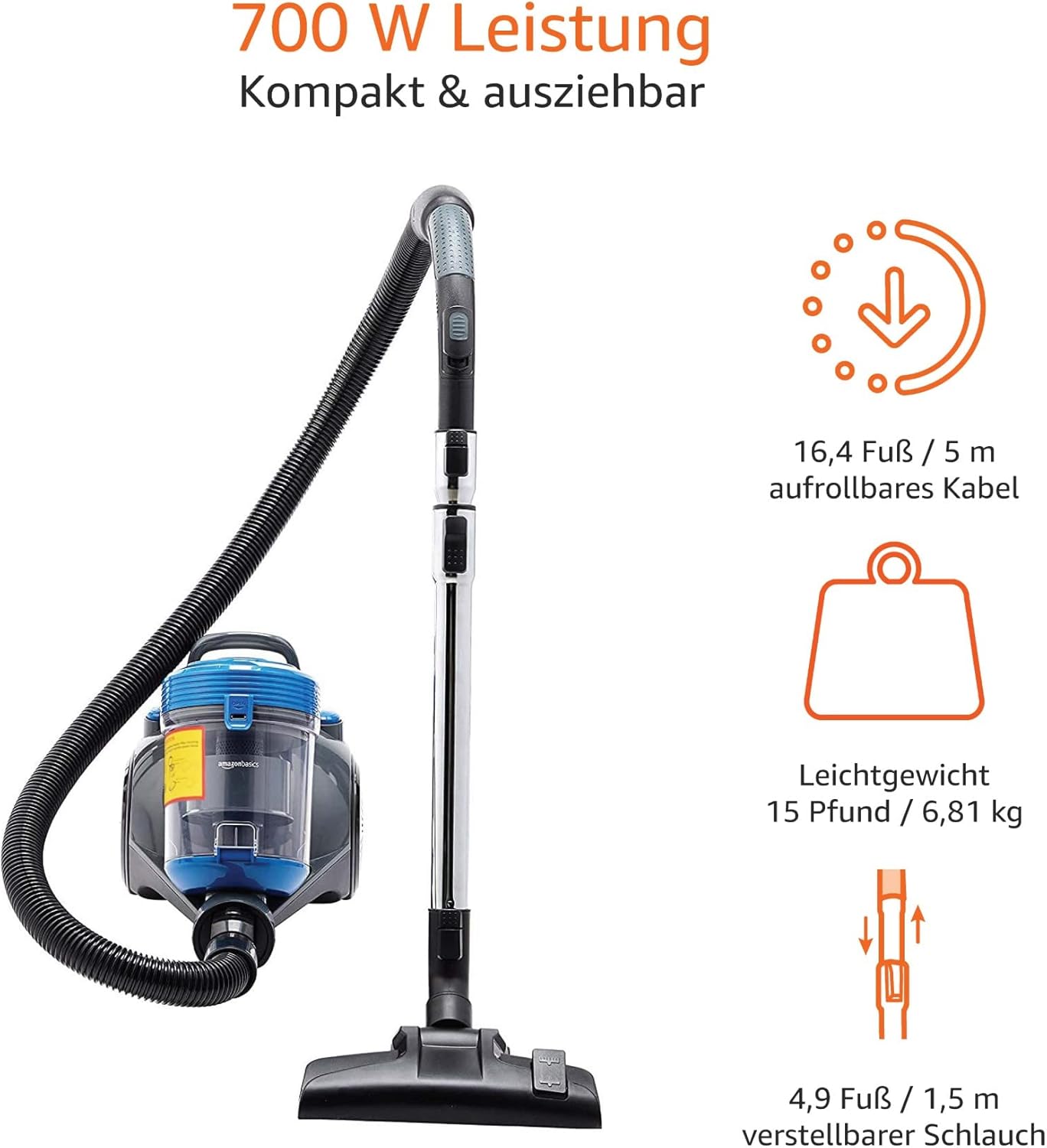 Amazon Basics – Leistungsstarker, kompakter, leichter, beutelloser Zylinderstaubsauger für Hart- und Teppichböden, HEPA-Filter, 700 W, 2,0 l, EU, Schwarz/Blau – Bild 6