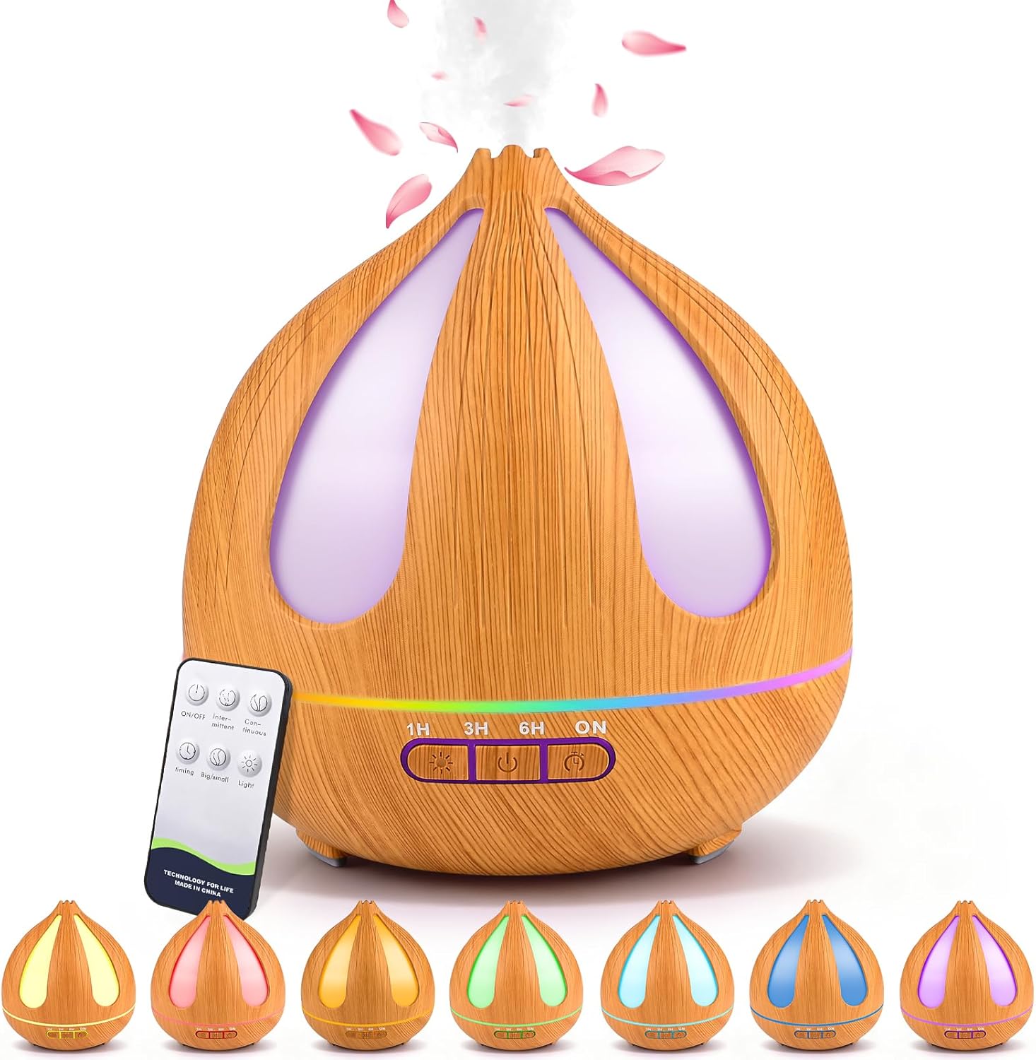 GuKKK Aromadiffusor, 500 ml Ultraschall-Luftbefeuchter mit Fernbedienung, Aromatherapie-Düfte Luftbefeuchter, 7 Farben LED, Fernbedienung mit Timer-Einstellung, für Schlafzimmer, Büro (Helle Holzfarbe)