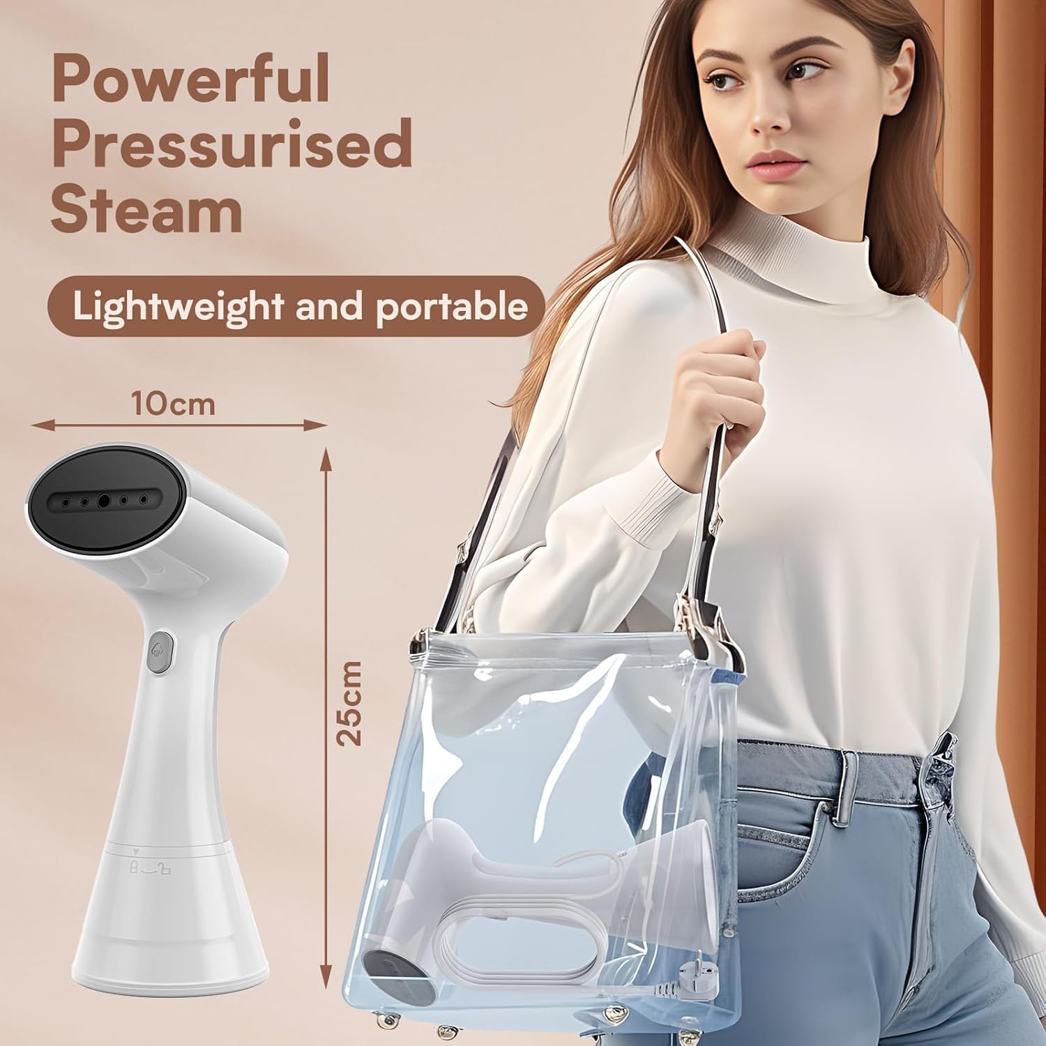 OLAYMEY Dampfgarer Dampfgarer 1000 W, Dampfgarer für Kleidung, 220 ml Wassertank, tragbares Dampfbügeleisen, Handdampfbürste, leichtes Dampfbügeleisen für Zuhause, Büro, Reisen, Weiß – Bild 4