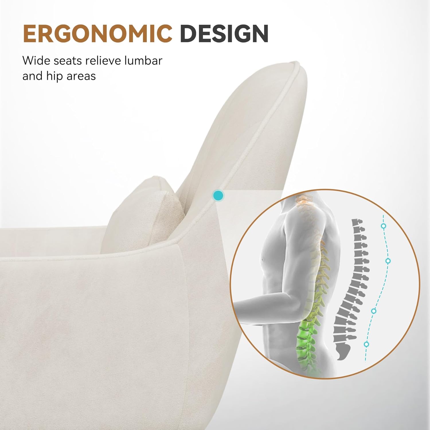 Home-Office-Stuhl, Samtstuhl mit Kissen, 360° drehbar, höhenverstellbarer Bürostuhl, ergonomisch, Schminkstuhl, Drehstuhl, für Arbeitszimmer, Schlafzimmer, maximale Belastung 120 kg, Beige – Bild 5