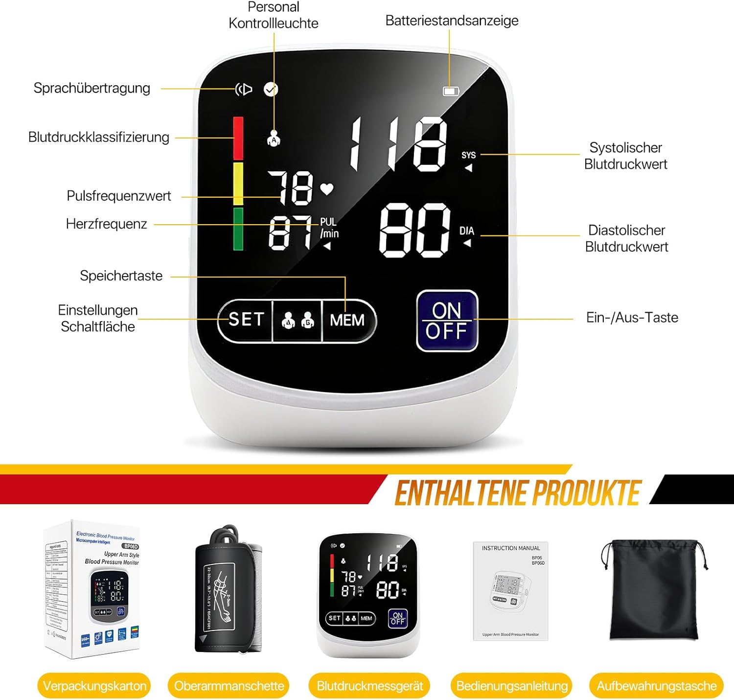 RoserRose Blutdruckmessgerät Oberarm digital, Blutdruckmessgerät mit deutscher Sprachausgabe, großes LED-Display, 2 x 99 Speicherplätze, Manschette 22-36 cm, AAA-Batterie/Typ-C-Ladekabel – Bild 6