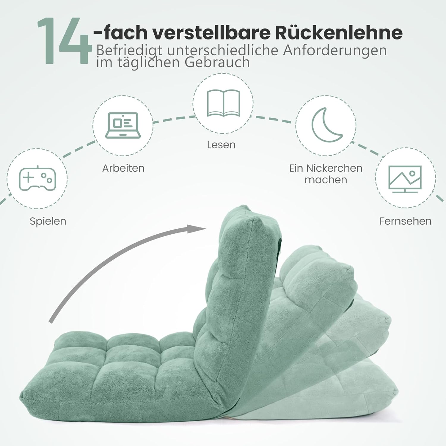COSTWAY Bodenstuhl mit verstellbarer Rückenlehne, gepolstertes Bodenkissen, faltbares Bodenkissen, Meditationsstuhl, Entspannungsstuhl, Thaikissen für Freizeit, Meditation, Yoga (grün) – Bild 4