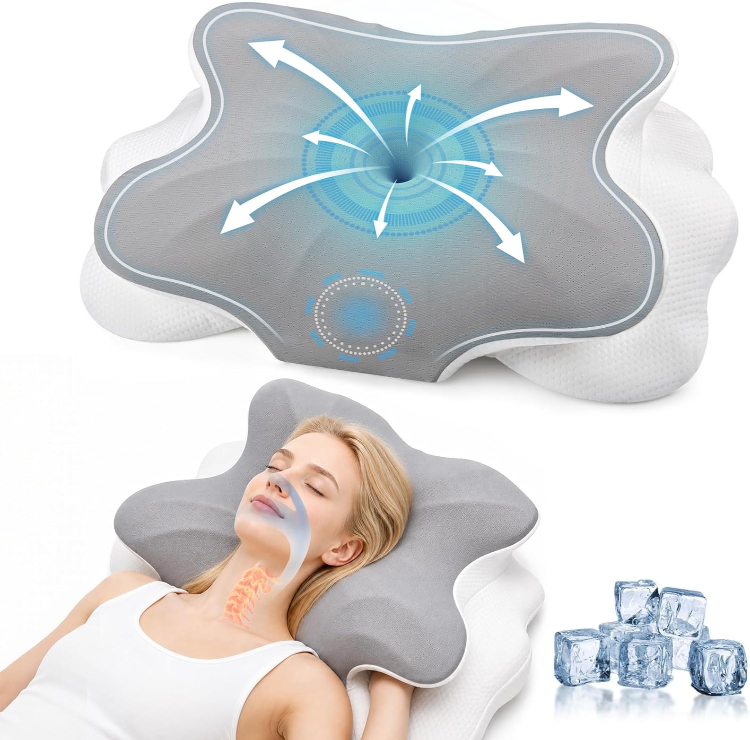 Uvellgift Ergonomisches orthopädisches Kissen, zervikales Memory-Schaum-Kissen gegen Nacken- und Schulterschmerzen, Nackenkissen mit abnehmbarem Bezug für Freunde und Eltern (grau)
