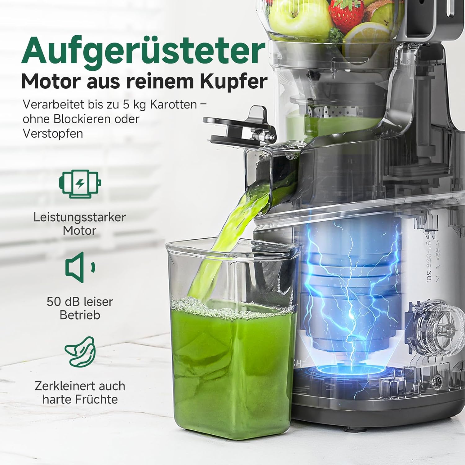 AMZCHEF 250W Automatischer All-In-One-Entsafter, 150mm Öffnung und 2L Kaltpress-Entsafter für Gemüse und Obst, Entsafter Slow Juicer Testsieger mit Dreifachfilter - Schwarz – Bild 7