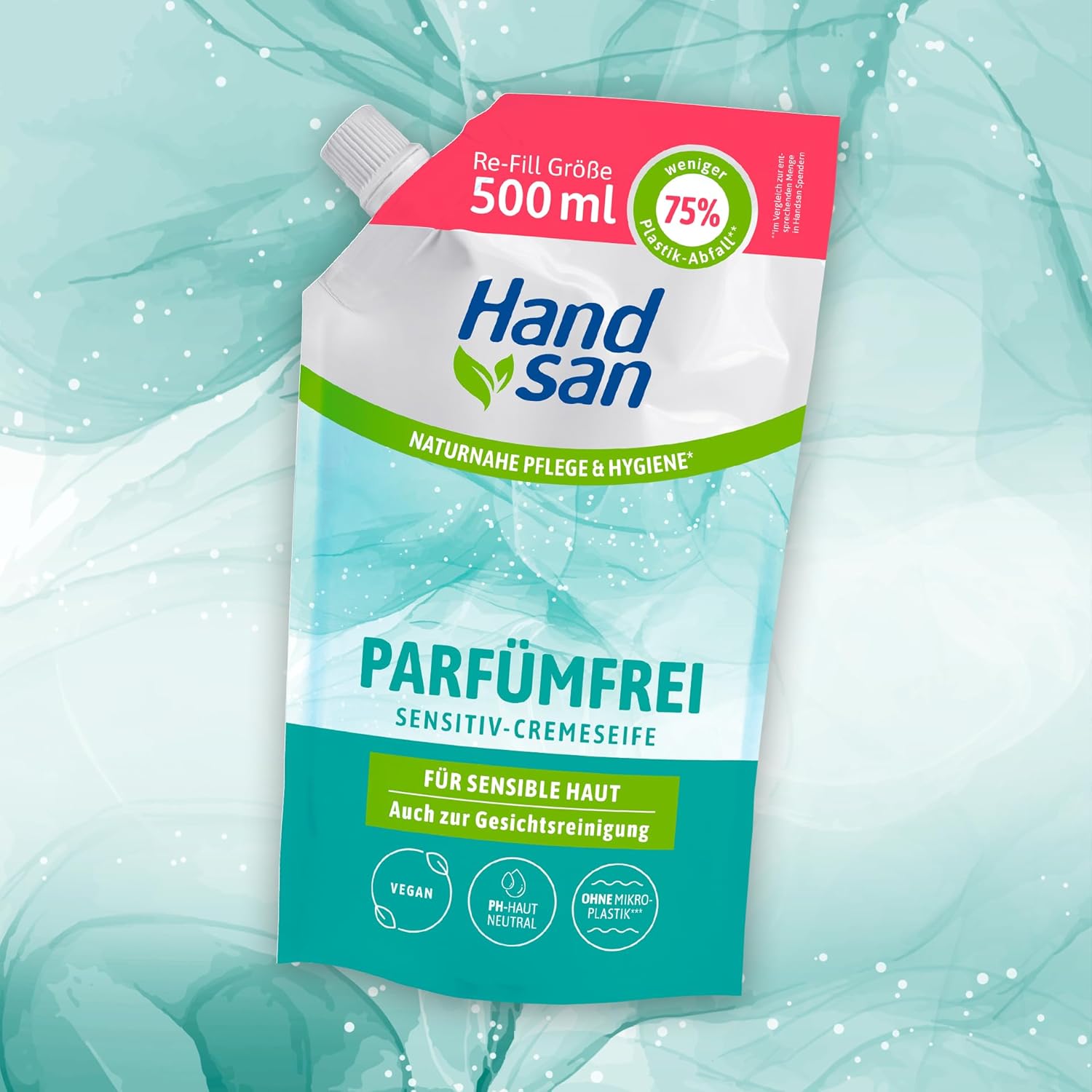 Hand San Cremeseife, parfümfreier Nachfüllbeutel | Frei von Duftstoffen, Seifen und Farbstoffen | Händewaschen und Gesichtsreinigung | Formulierung ohne Mikroplastik | pH-neutral und vegan | 500 ml – Bild 3