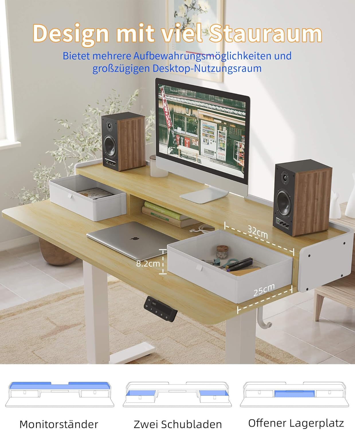 YIHAYO Höhenverstellbarer Schreibtisch mit Schubladen und Monitorständer, 140 x 60 cm, elektrischer Schreibtisch, Stehpult mit Memory-Funktion, Natur – Bild 6