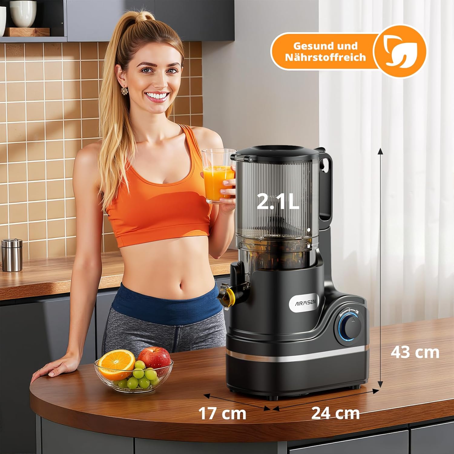 AIRMSEN Entsafter – Slow Juicer mit 147 mm extra großem Einfüllschacht, 2,1 l Fassungsvermögen, 300 W Motor, 7+1 Stufen, verbesserte langsame Spirale, hohe Saftausbeute für ganze Früchte und Gemüse, schwarz – Bild 9