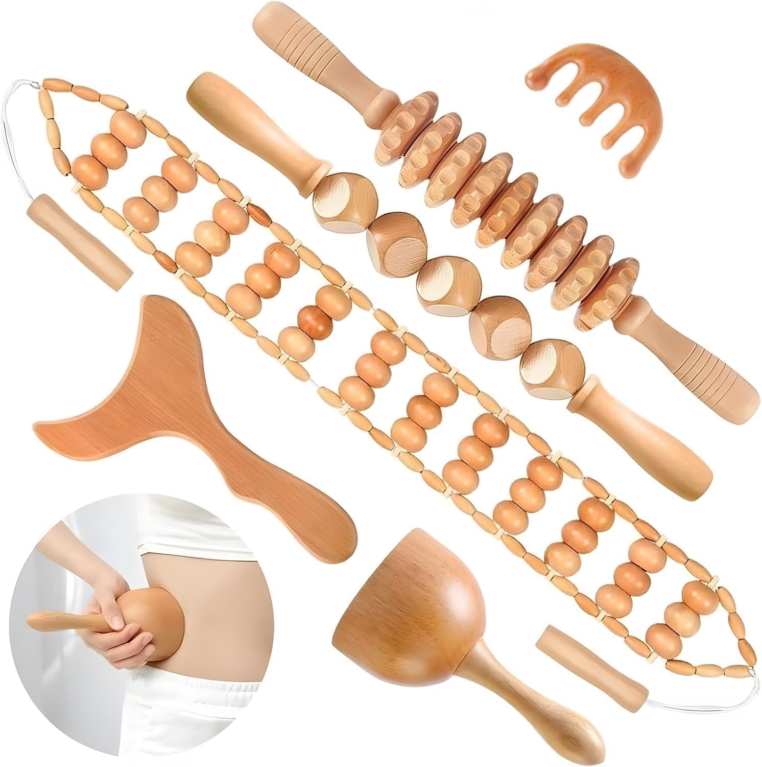 6-in-1-Massagewerkzeug-Set aus Holz, professionelles komplettes Maderoterapia-Massagegerät, Roller-Gua-Sha-Set-Kit, Faszienrolle, Körperformungswerkzeuge zur Körperformung, Linderung von Muskelschmerzen, Anti-Cellulite