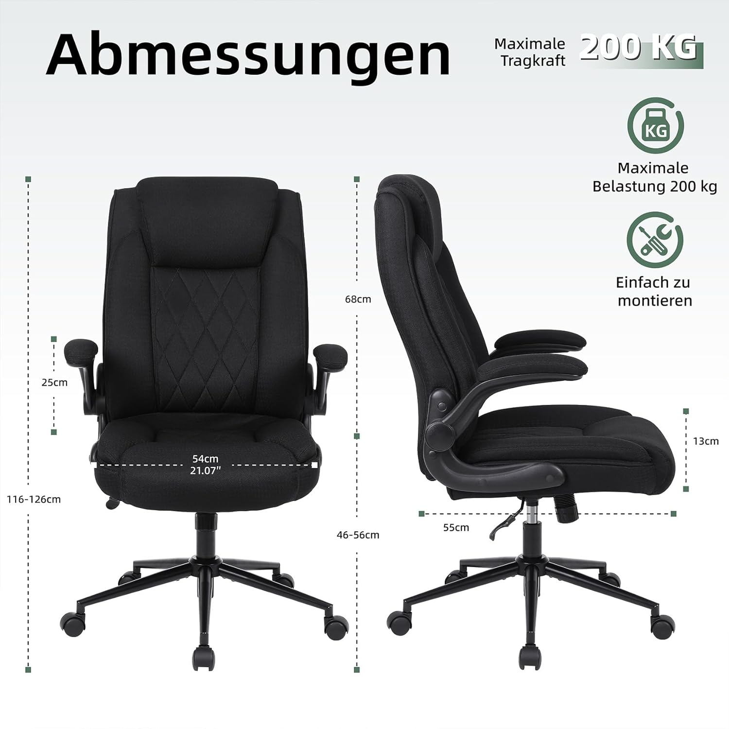 Youhauchair Ergonomischer Bürostuhl, Schreibtischstuhl mit hoher Rückenlehne und höhenverstellbar, Drehstuhl mit Kopfstütze, bequem, Chefsessel für Büro, Schwarz – Bild 2