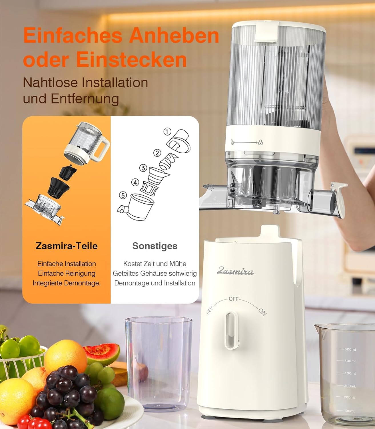 Zasmira Slow Juicer mit hohem Drehmoment und 120 mm Einfüllkanal, kein Vorschneiden, Entsafter für Gemüse und Obst, 99,6 % Saftreinheit, 1,5 l, REV-Modus, einfacher zu reinigen – Bild 8