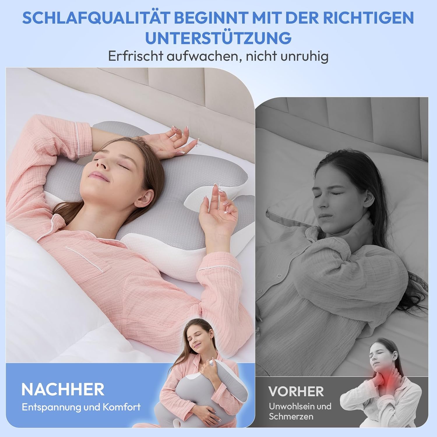 Nackenkissen, Memory-Schaum-Kissen: 60 x 40 cm, orthopädisches Kissen mit abnehmbarem Bezug – Nackenstützkissen für Schlafkomfort – ergonomisches Kissen für Rücken- und Bauchschläfer – Bild 7
