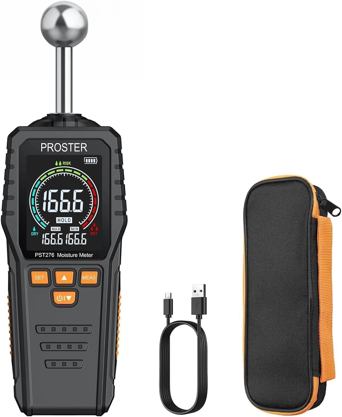 Proster Feuchtigkeitsmesser Wand Kugelform Sphärisches wiederaufladbares Feuchtigkeitsmessgerät Mauerwerk mit LCD-Bildschirm für Wände Mauerwerk 0-40 mm Analysetiefe (Schwarz Orange)