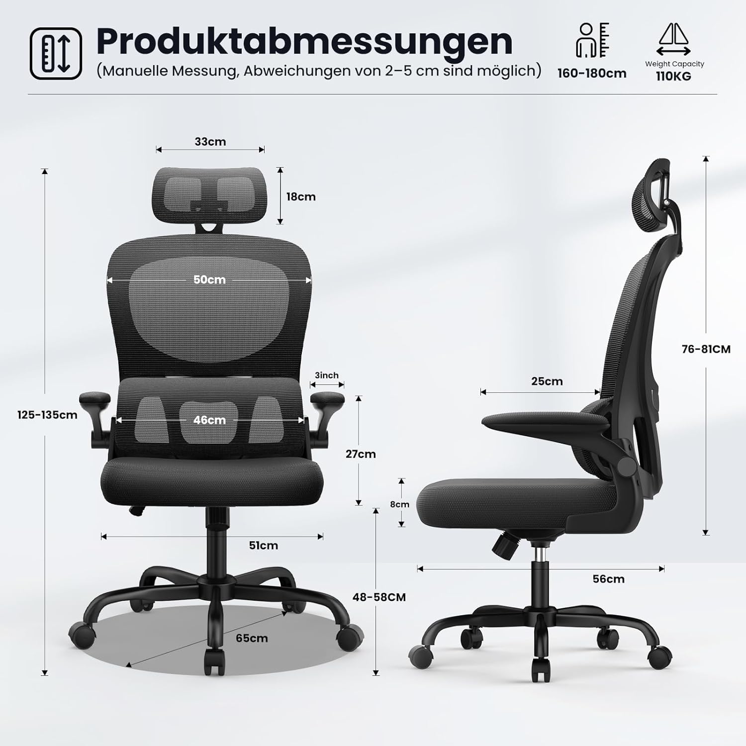 rattantree Ergonomischer Bürostuhl, Schreibtischstuhl mit verstellbarer Kopfstütze und Armlehnen, C-förmige Lordosenstütze, Drehstuhl mit Rollen für das Heimbüro, Schwarz – Bild 2