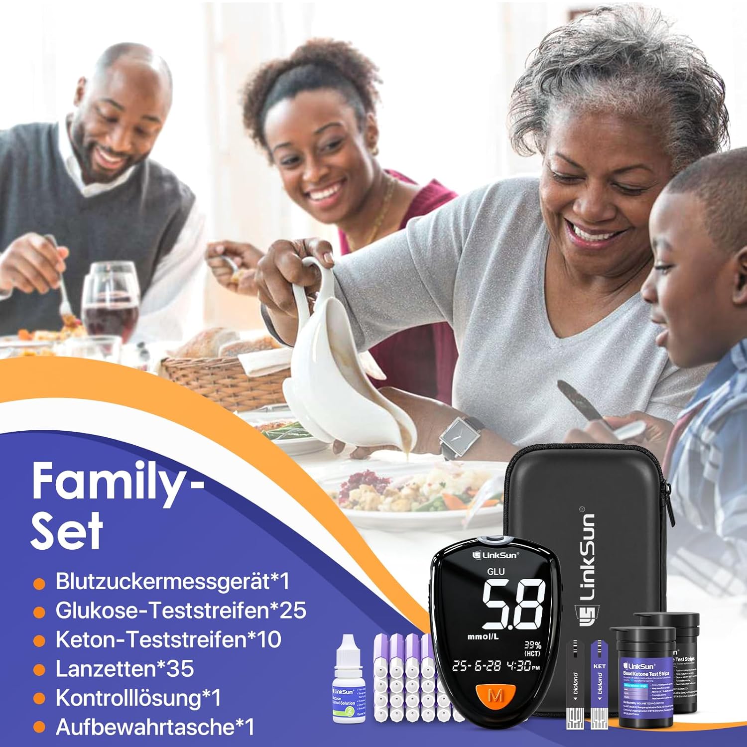 Blutzuckermessgerät & Ketonmessgerät-Set 2-in-1, M26-K Blutzuckermessgerät-Set mit 25 Blutzucker-Teststreifen, 10 Keton-Teststreifen, 35 Sicherheitslanzetten, Kontrolllösung, ohne Codierung – Bild 4