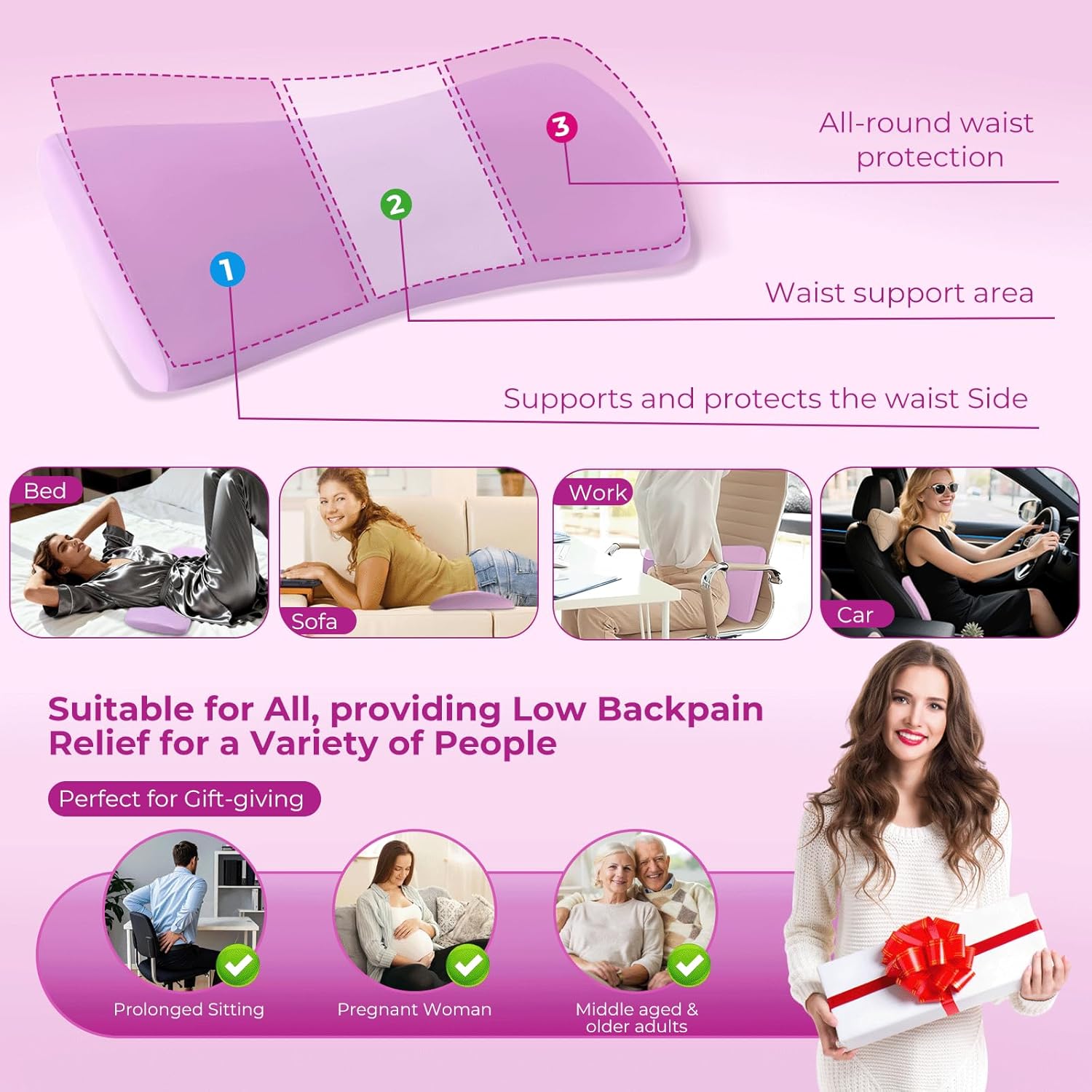 Orthopädisches Memory-Schaum-Lendenkissen, ergonomische Rücken- und Lendenwirbelstütze, Rückenstützkissen für Bett und Sofa, Rückenkissen zum Schlafen, abnehmbarer waschbarer Bezug (Pink) – Bild 6