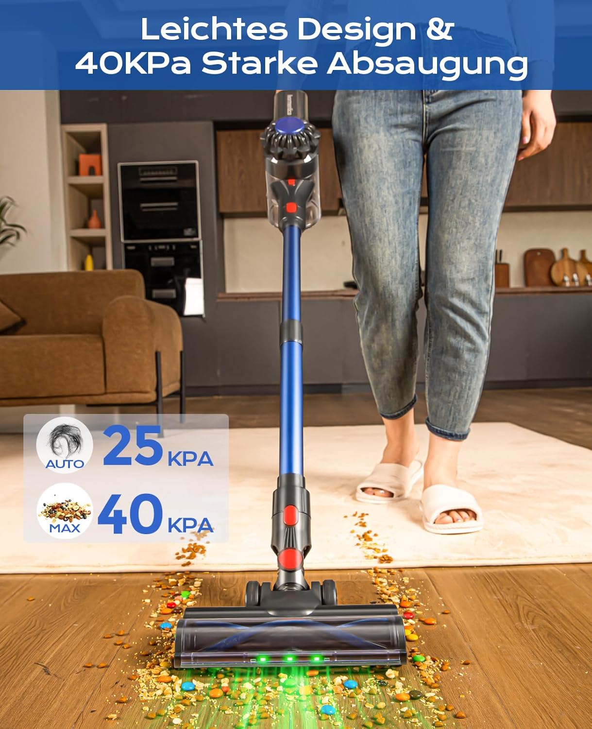 Akku-Staubsauger 50 Min./40 KPA/450 W, Akku-Staubsauger mit grüner LED, kabelloser Staubsauger mit verbesserter Bodenbürste, Staubsauger-Akku für Tierhaare, Blau – Bild 2