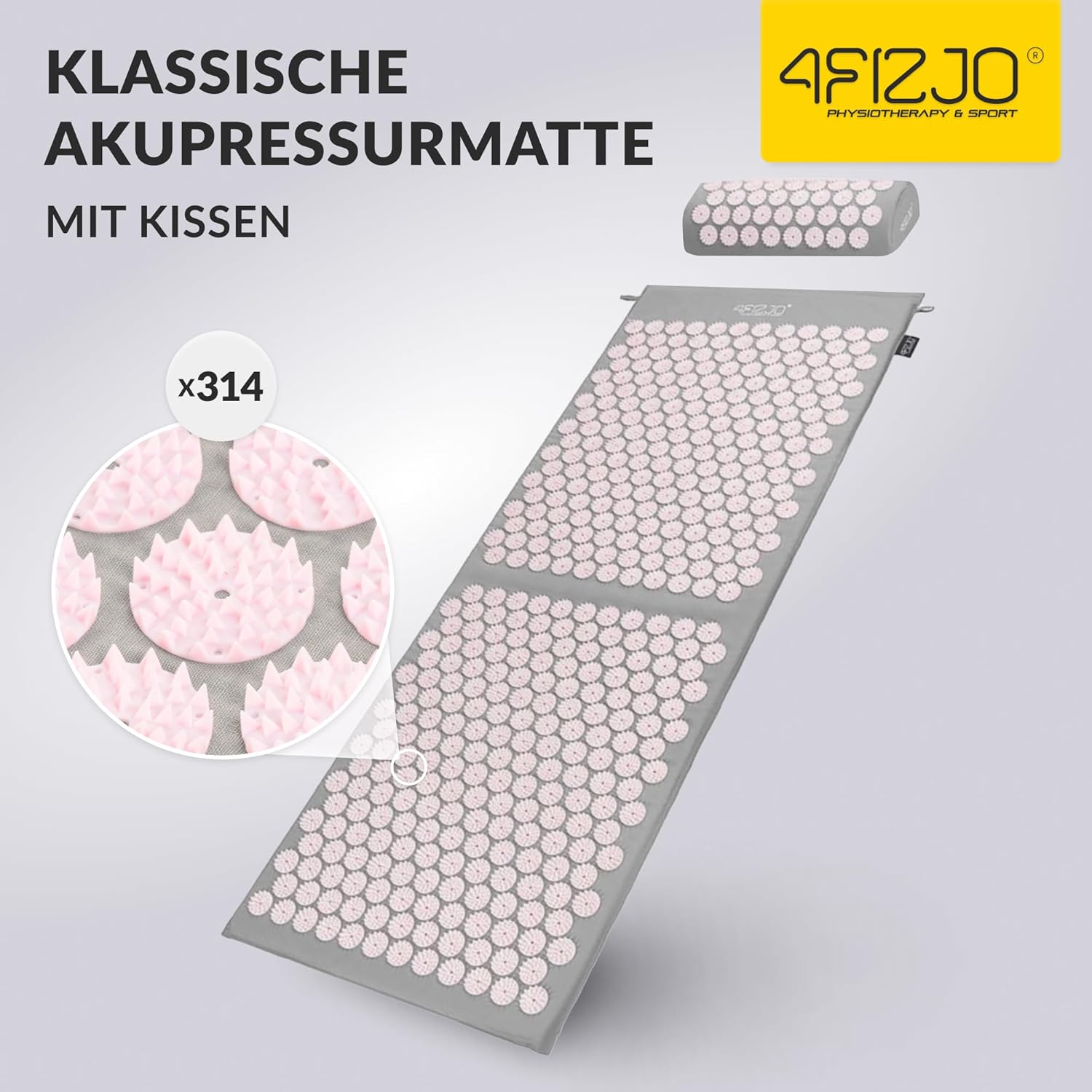 4FIZJO Akupressurmatte & Kissen XL, 110 x 42 x 2 cm, mit Tragetasche, Polyurethanschaum, hypoallergen, 15330 Spikes, Massagematte für bessere Durchblutung, Muskelentspannung, Farbe: Grau und Rosa – Bild 2